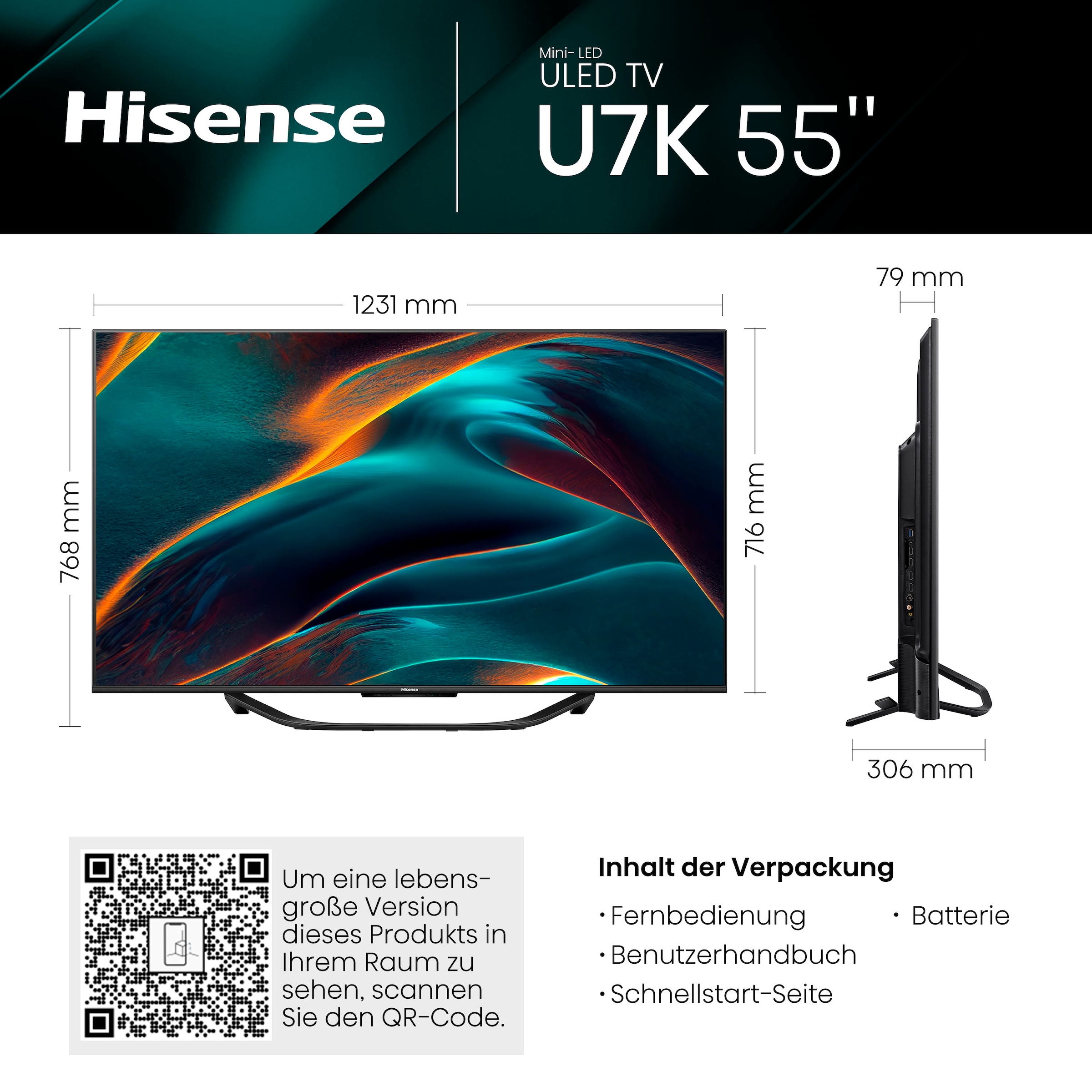 Hisense Mini-LED-Fernseher »55U7KQ«, 4K Ultra HD, Smart-TV