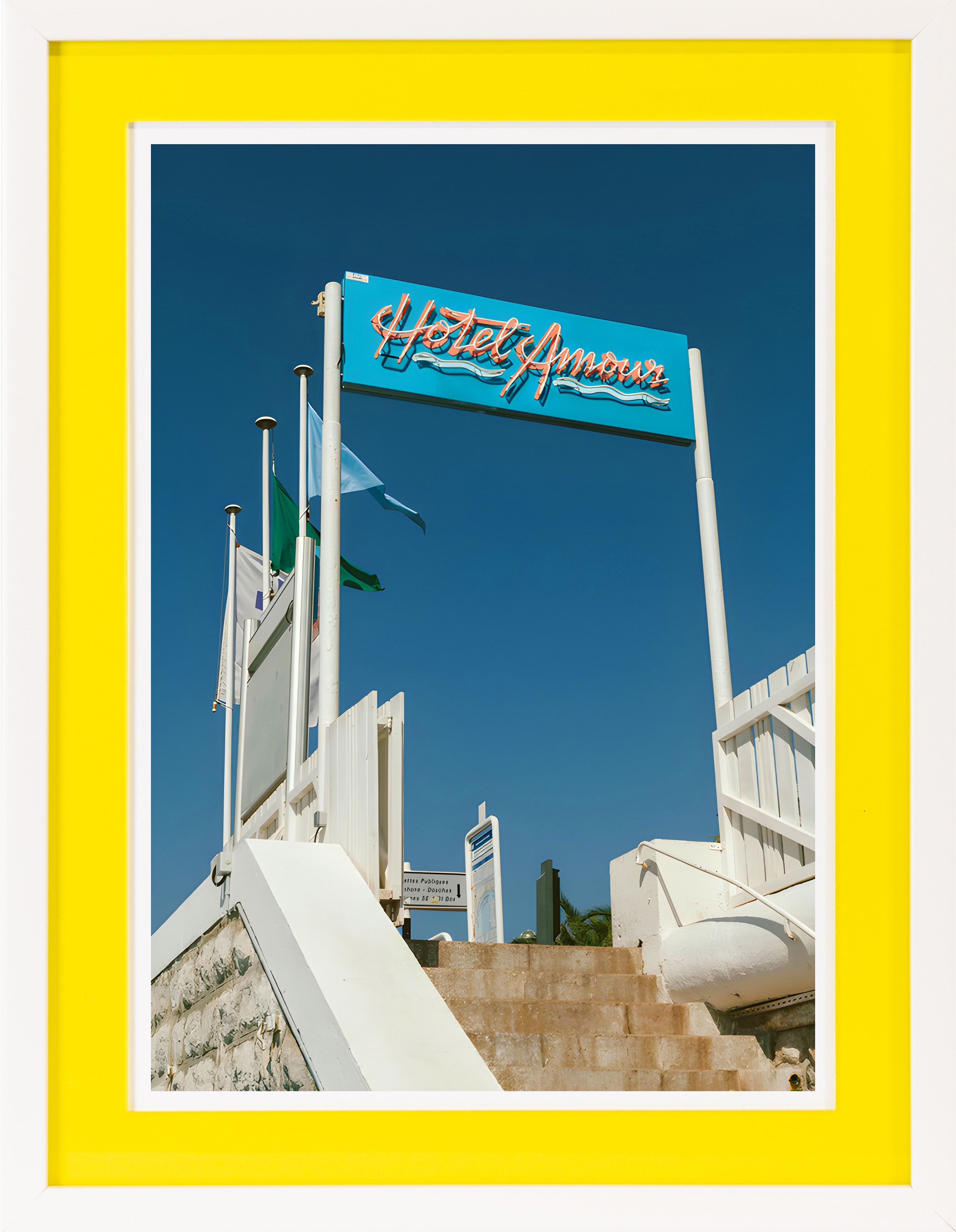 queence Bild mit Rahmen »Treppe, Schild, gelb«, Schriftzug-Schriftzüge, (1 St.), Poster mit buntem Acrylglas Passepartout
