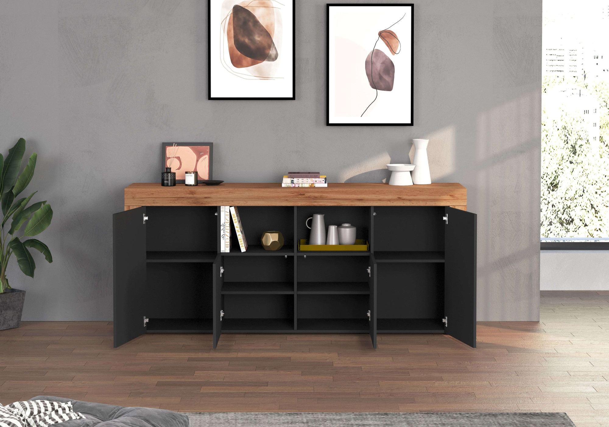 INOSIGN Sideboard »CHRONOS Breite 200 cm mit 4 Türen, 2 offene und 8 geschlossene Fächer«, (1 St.), Sideboard,Kommode, Schrank, Grifflos mit Push to Open, Made in Italy