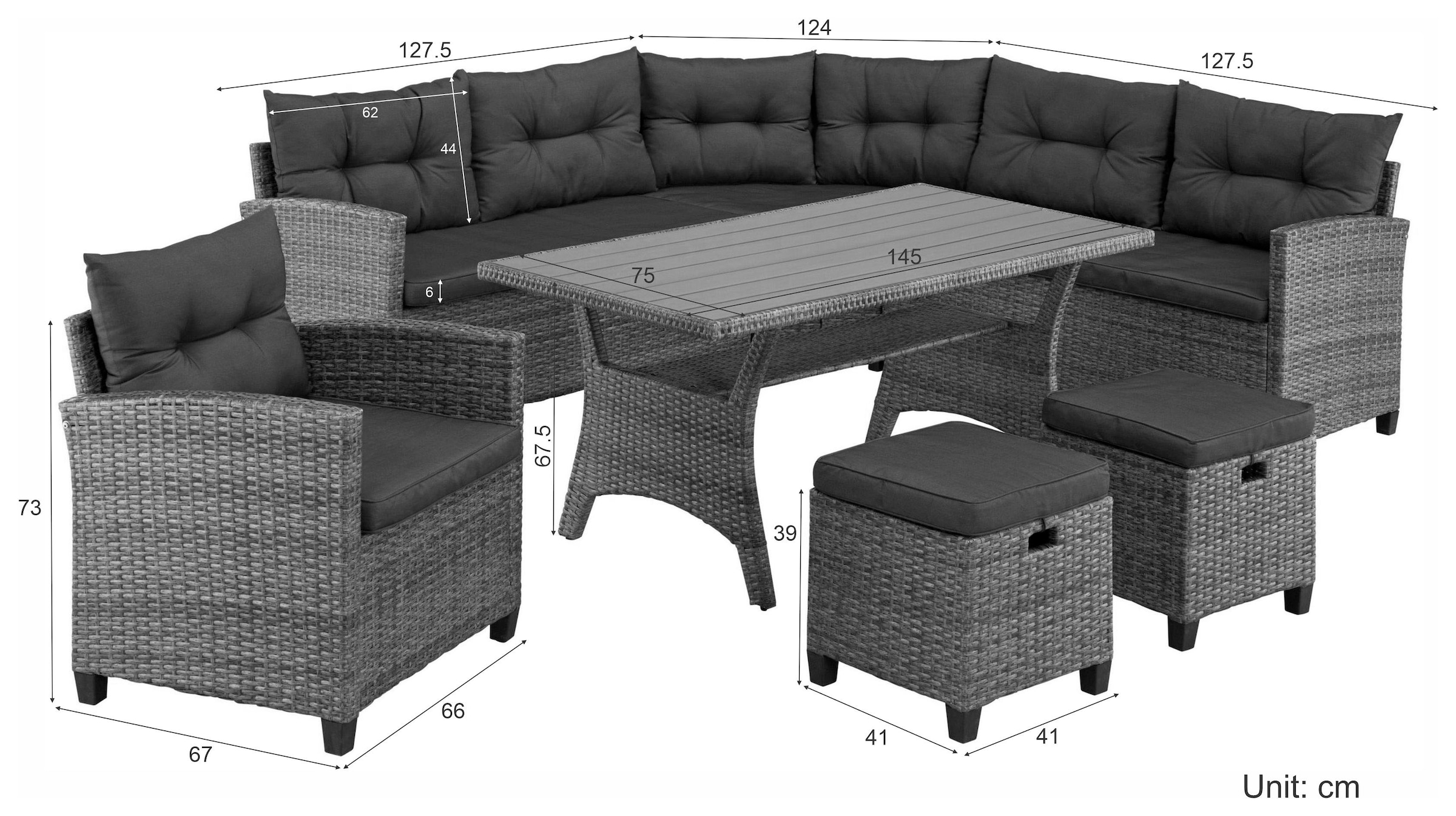 KONIFERA Gartenlounge-Set »Keros Premium«, (Set, 20 tlg., 2x 2er Sofa, 1x Ecke, 1x Sessel, 2x Hocker, 1x Tisch 145x75x67,5cm), Ecklounge, Polyrattan, Stahl, geeignet für 8 Personen, inkl. Auflagen