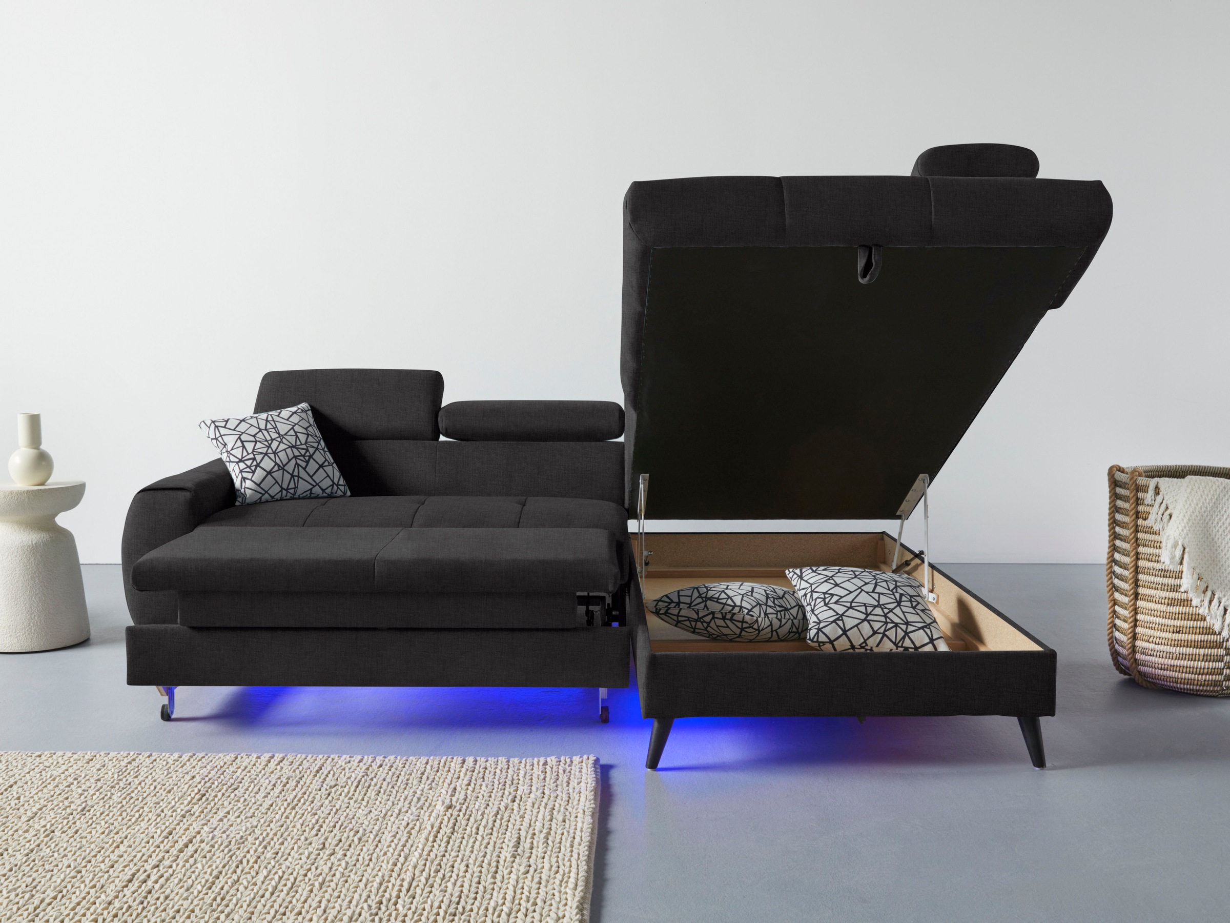 COTTA Ecksofa »Mia L-Form mit 3 Zierkissen«, wahlweise mit Bettfunktion, Bettkasten, Beleuchtung & Wireless-Charger