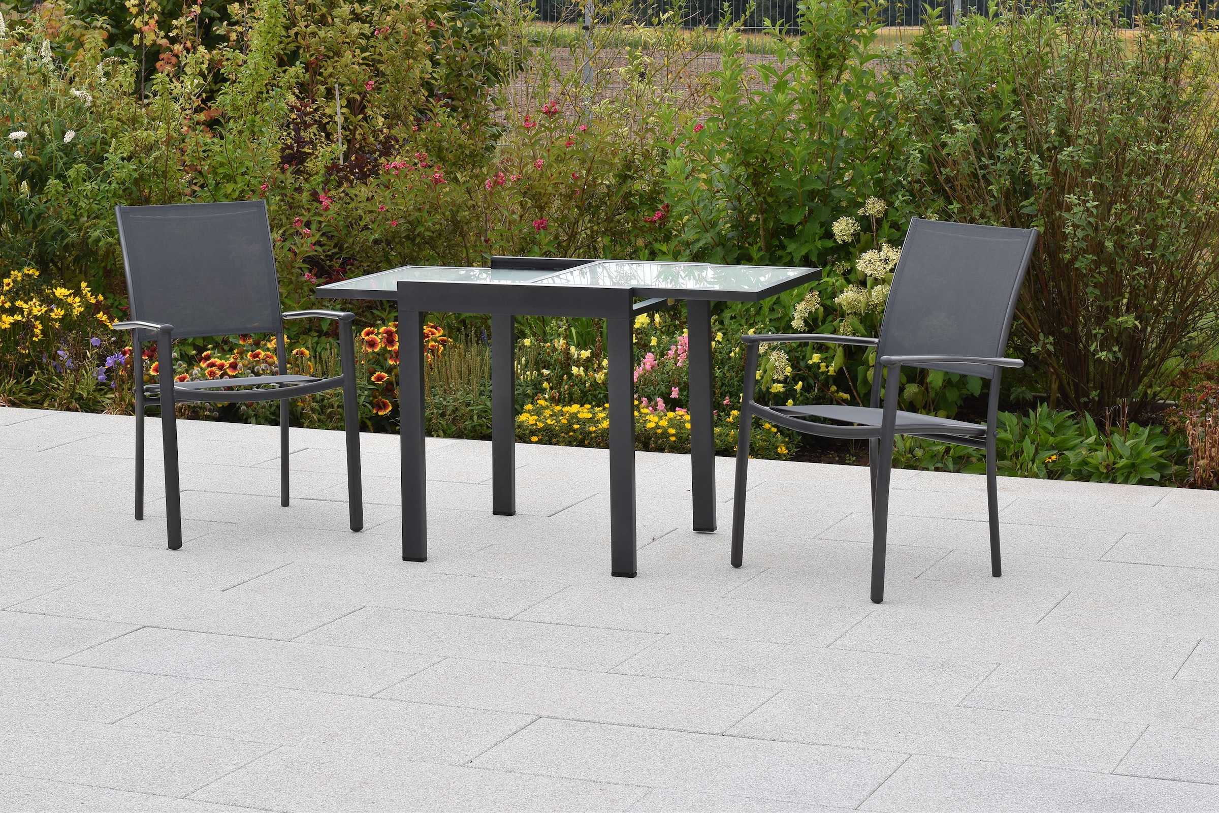 MERXX Balkonset »»Milano««, (Set, 3 tlg.), Sessel stapelbar, matte Glasplatte