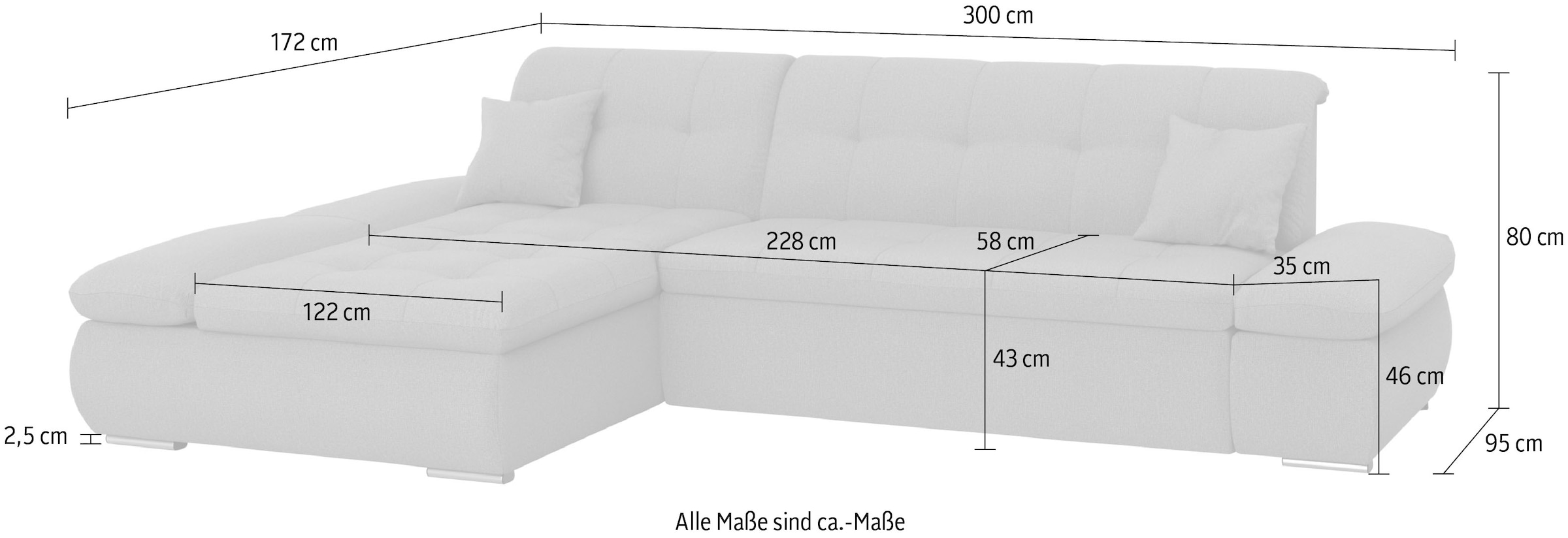DOMO collection Ecksofa »Moric, L-Form, XXL-Sofa - Breite 300cm«, wahlweise mit Bettfunktion und Armteilverstellung, silber/grau