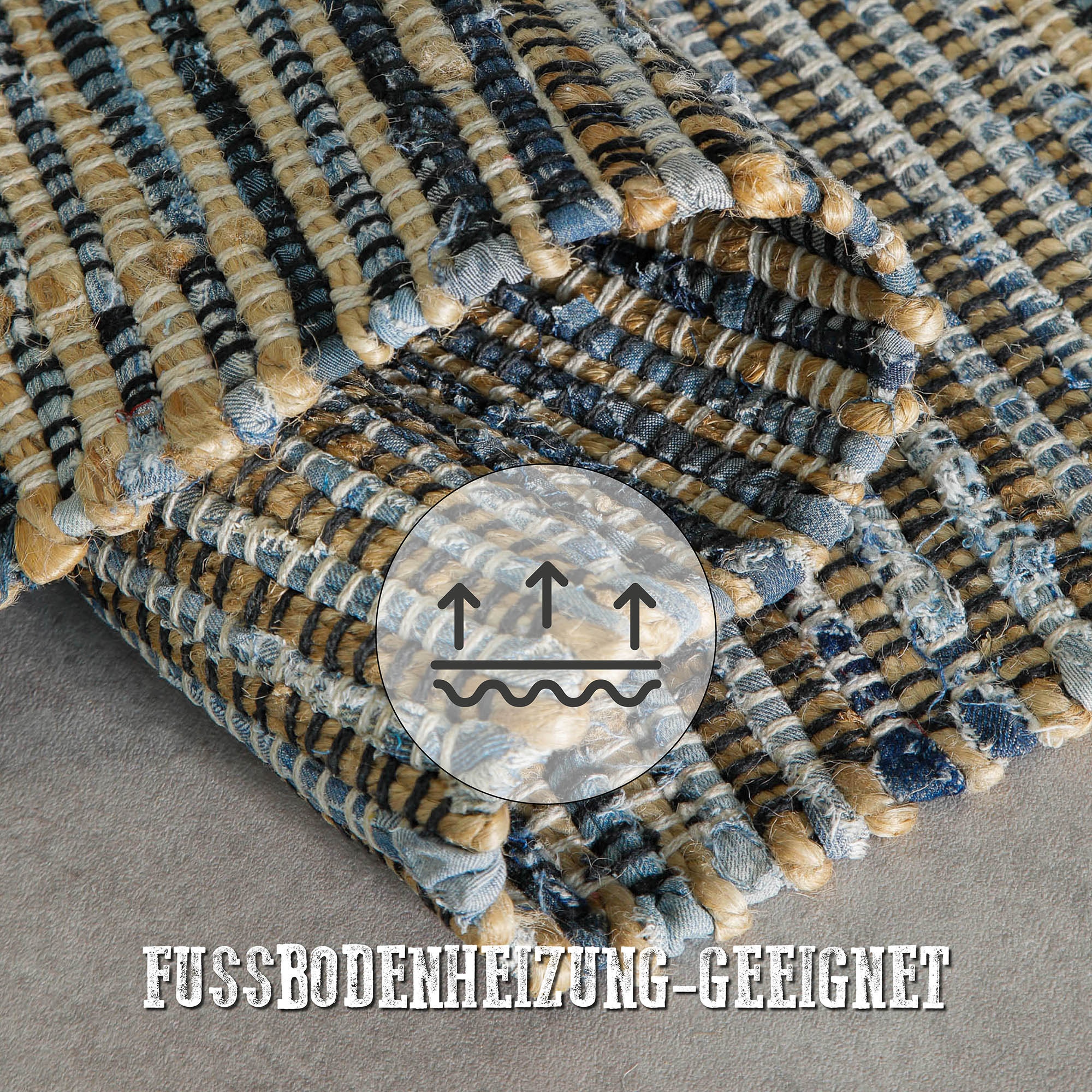 Wecon home Teppich »Denim Feels«, rechteckig, 6 mm Höhe, handgewebt, robust, pflegeleicht, skandi, Natur, Jute, Wohnzimmer