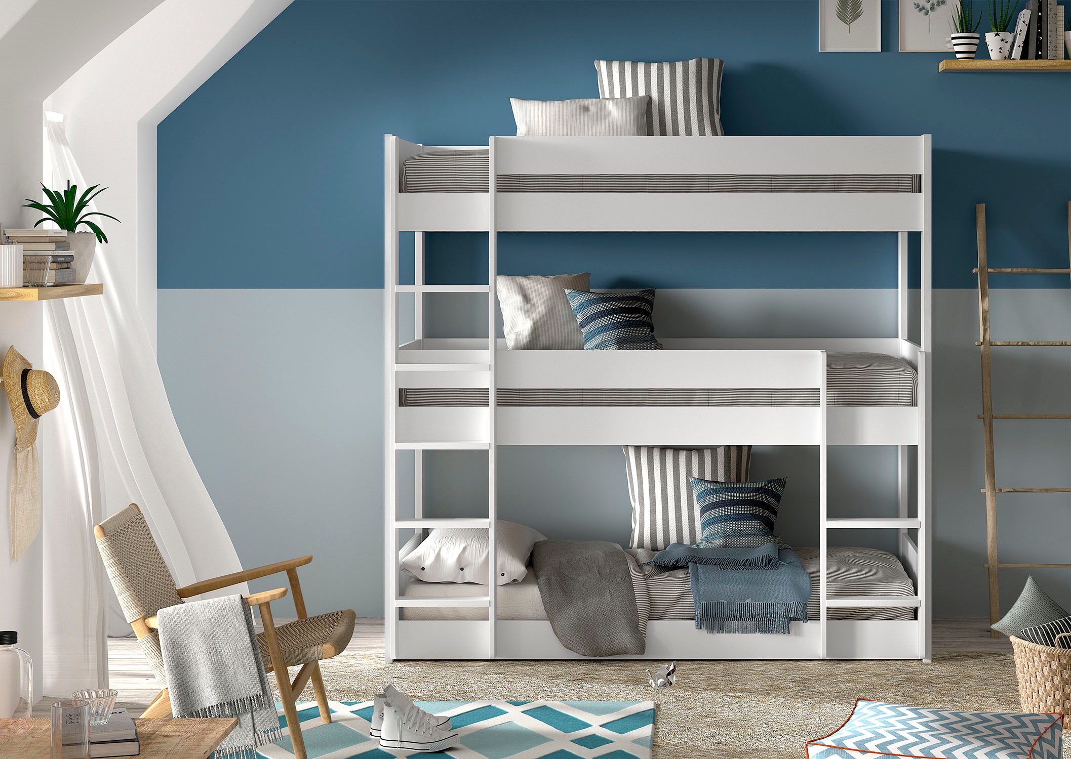Vipack Etagenbett, (Made in Europe), mit 3 LF á 90x200 cm und Rollrost, stabil gebaut, Kiefer massiv weiß