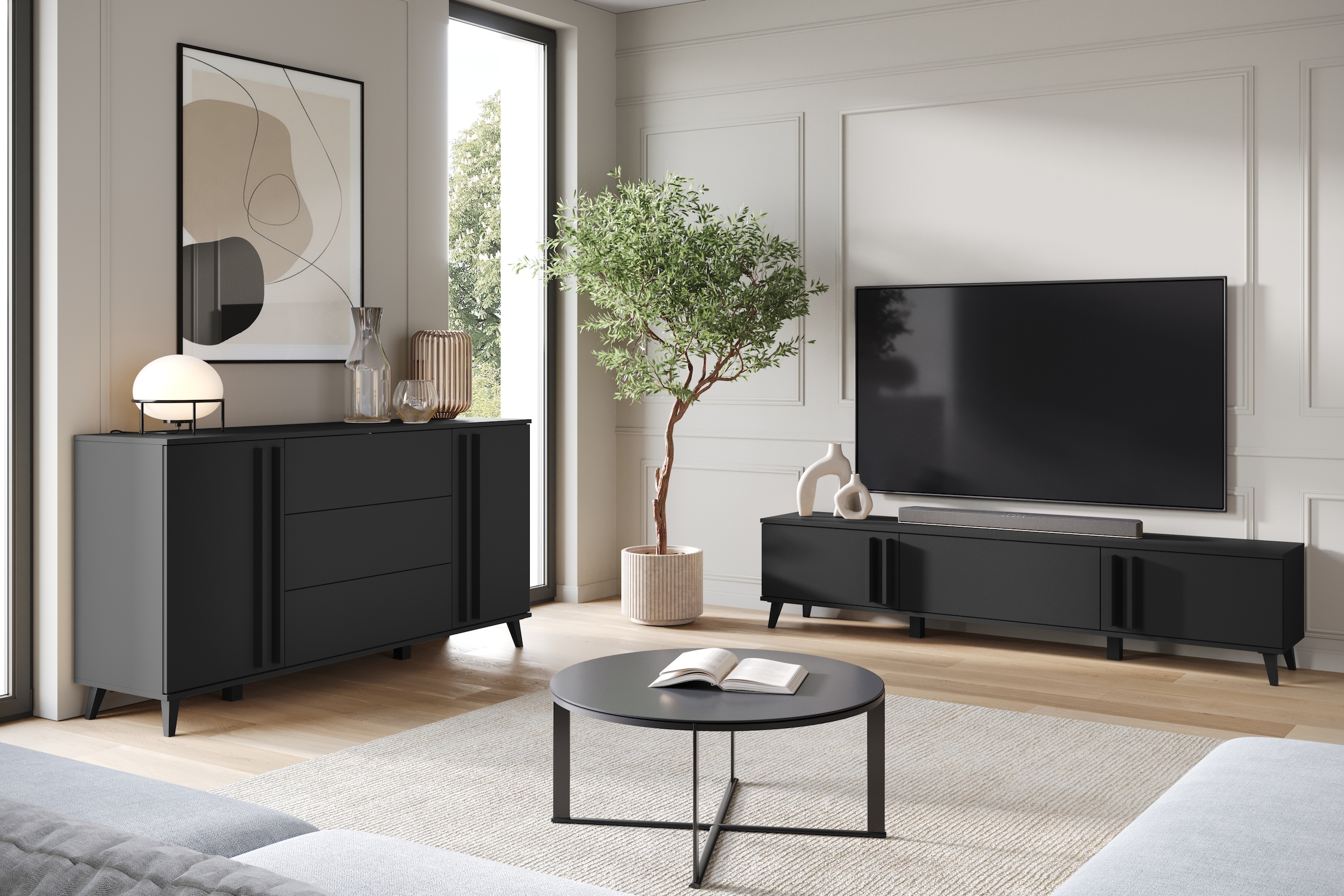 INOSIGN Sideboard »Helsinki, Kommode mit 2 Türen und 3 Schubladen, Breite 150 cm«, (1 St.), Push-to-Open-Schubladen, höhenverstellbare Einlegeböden