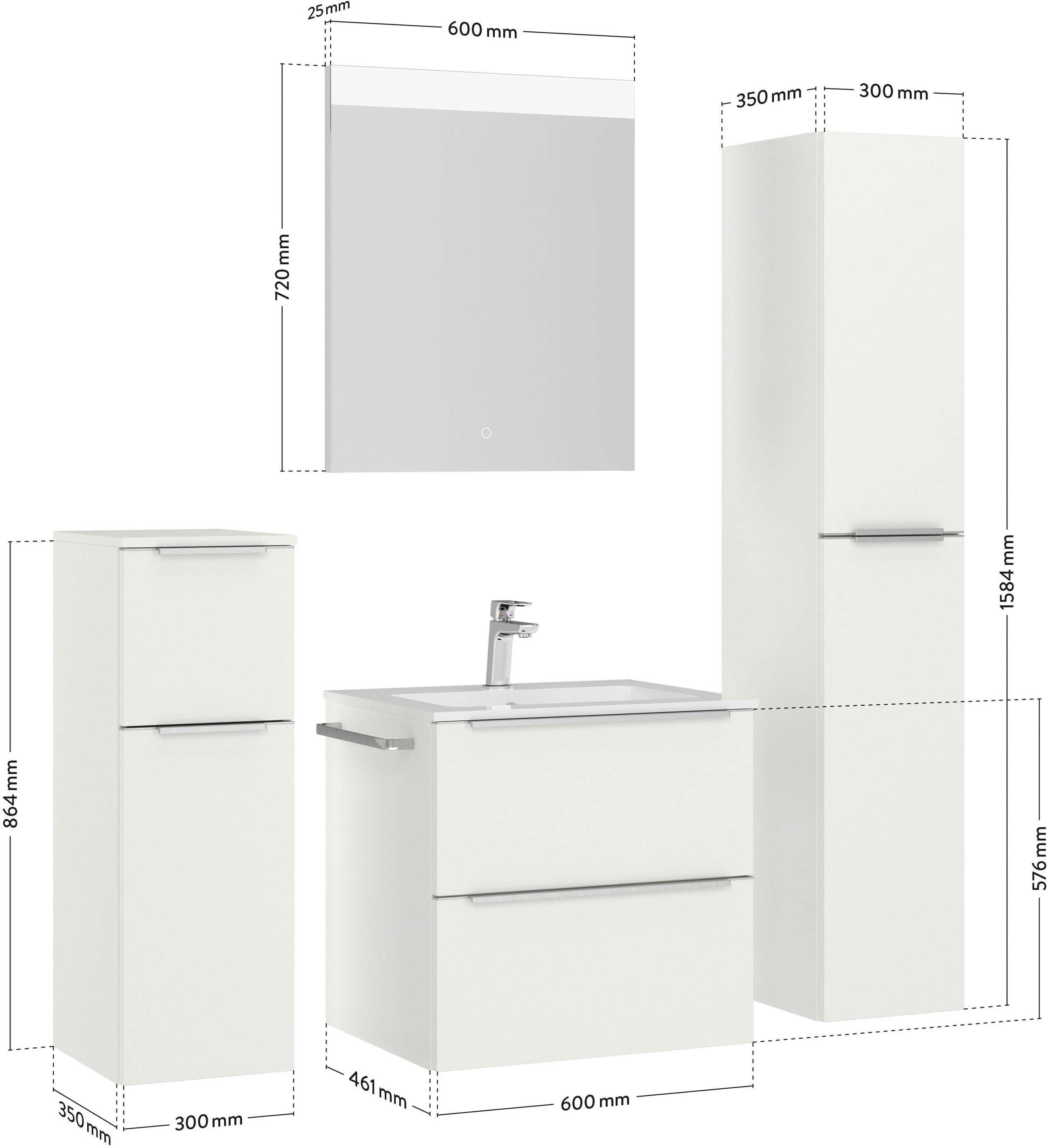 nobilia® Badmöbel-Set »Levere«, (4 St., vormontiert, mit Soft-Close), inkl. Spiegel mit Touch-Sensor, in vier Breiten