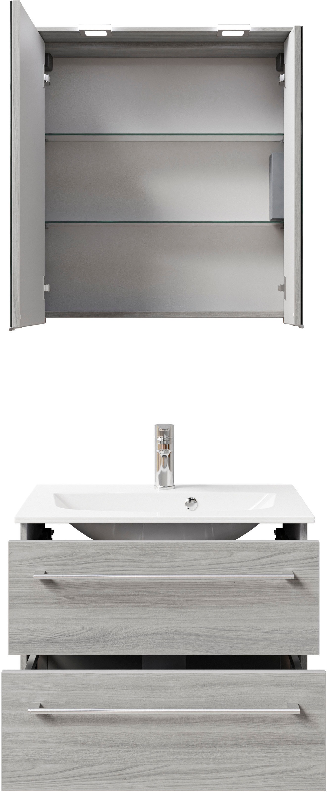 Saphir Badmöbel-Set »Serie 6025 2-teilig Mineralmarmor-Waschtisch mit LED-Spiegelschrank«, (2 St.), Waschplatz 67 cm breit, 2 Schubladen, 2 Spiegel-Türen, inkl Türdämpfer
