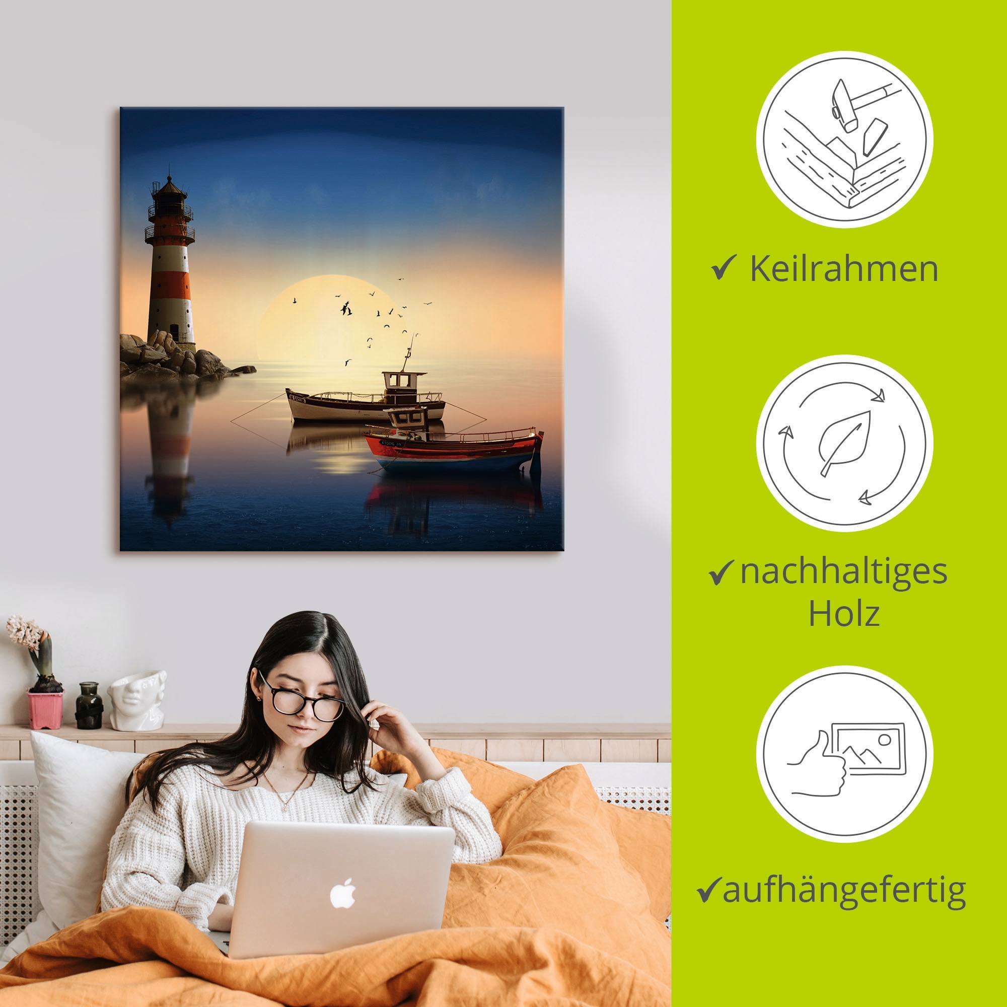 Artland Wandbild »Kleiner Hafen mit Leuchtturm«, Gebäude, (1 St.), als Leinwandbild, Wandaufkleber in verschied. Größen