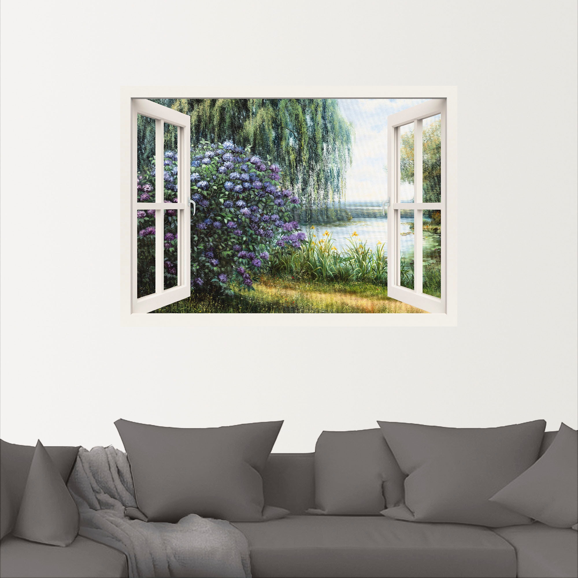 Artland Wandbild »Hortensien am See«, Fensterblick, (1 St.), als  Leinwandbild, Wandaufkleber oder Poster in versch. Größen online kaufen
