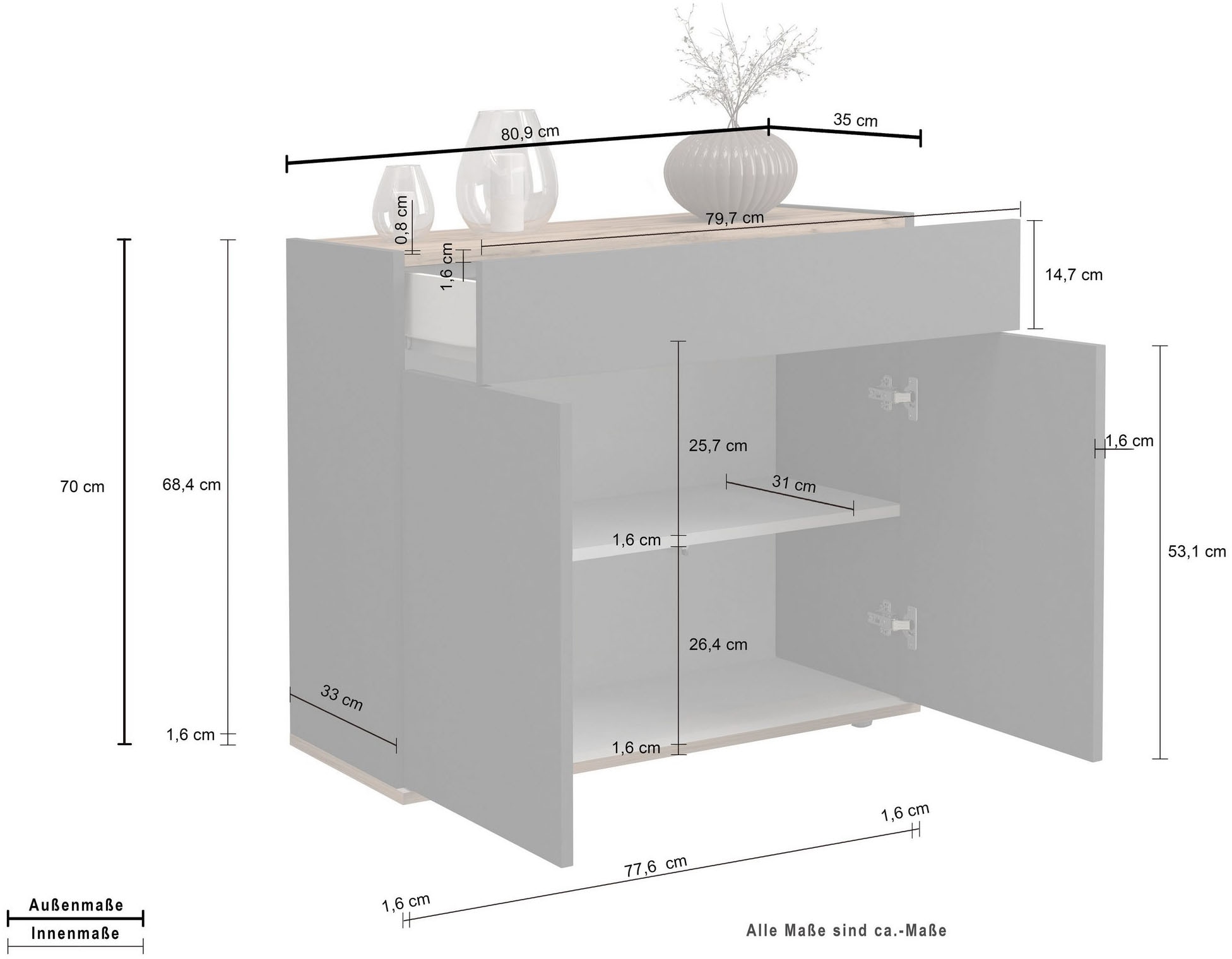 INOSIGN Sideboard »Garda, Kommode, Schrank, 2 Türen, 1 Schublade, Made in Italy« Hochglanzlackierte Fronten, Korpus matt, grifflos, Breite 80,9 cm