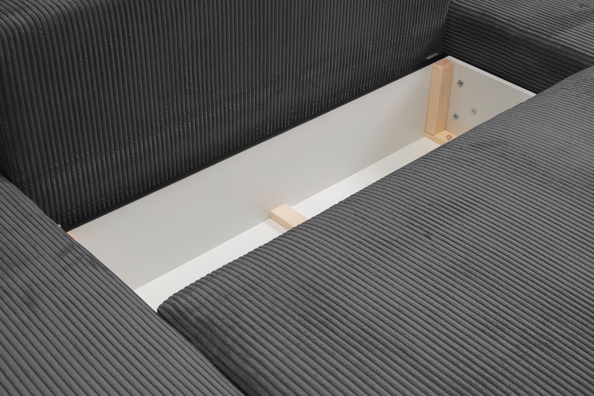 WERK2 Wohnlandschaft »Rotterdam-U, U-Form, in kuschelweichem Cord oder Breitcord«, Design Sofa mit Schlaffunktion & Bettkasten, Cord, Anthrazit