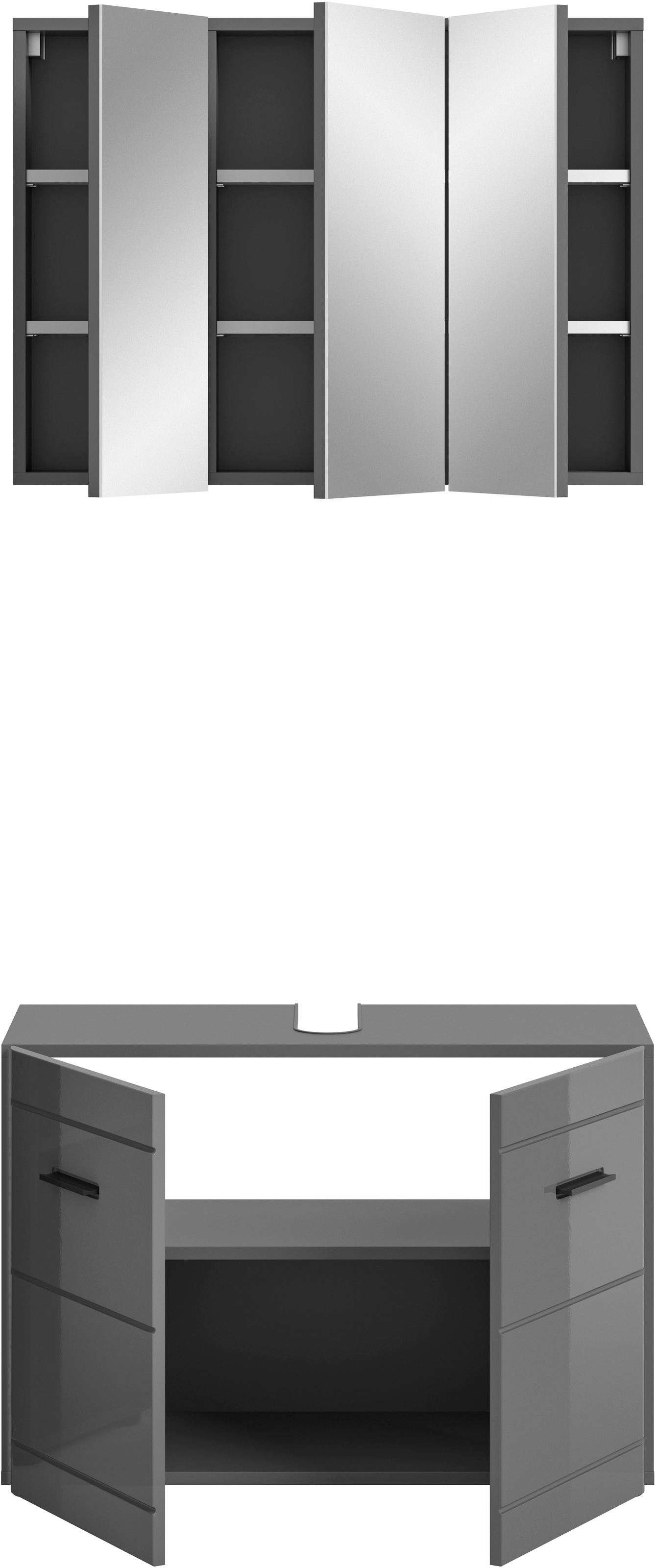 welltime Badmöbel-Set »Doux, bestehend aus: Waschbeckenunterschrank und Spiegelschrank«, (2 St.), hochwertige hochglanz MDF Front mit Rillenfräsung