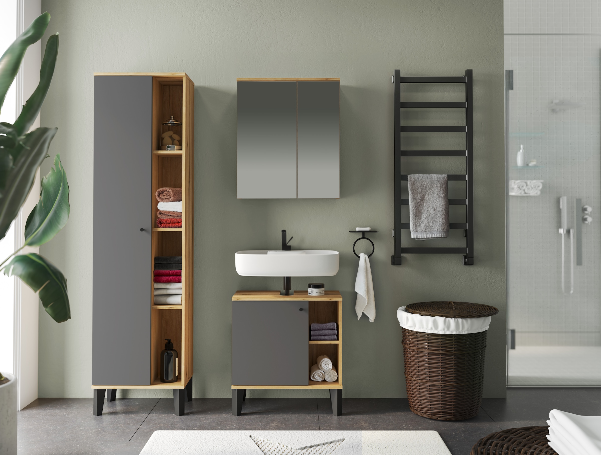 INOSIGN Badmöbel-Set »OSLO, Bad im skandinavischen Design, 3-teiliges Badezimmer«, (Set, 3 St.), Badschränke und Spiegel, in zwei Farben verfügbar, viel Stauraum