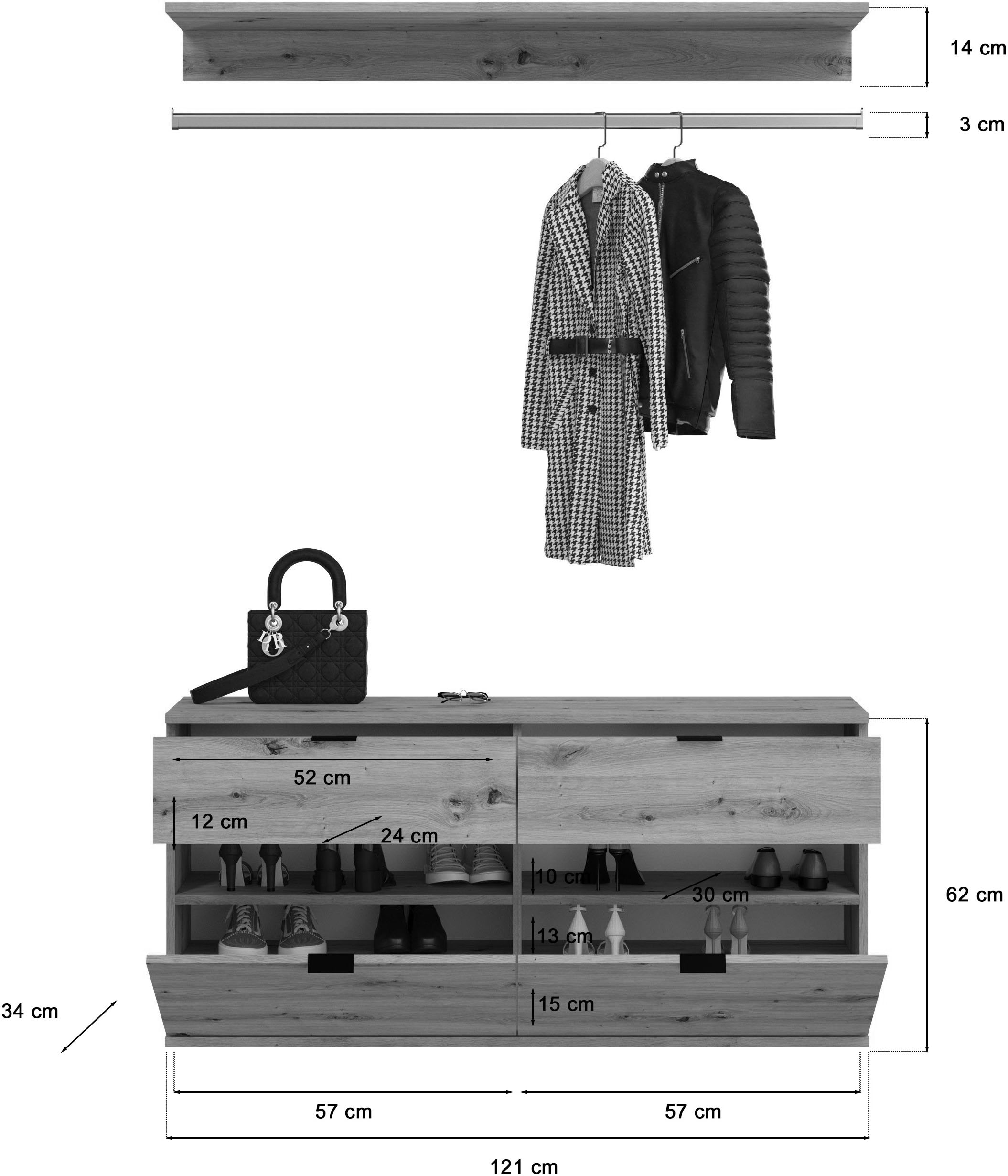 INOSIGN Garderoben-Set »Trondheim, Breite 273 cm, 6-teilig, bestehend aus:«, (Set, 5 St.), 3x Garderobenschrank, 1 Kommode, 1 Garderobenstange, 1 Ablageboden