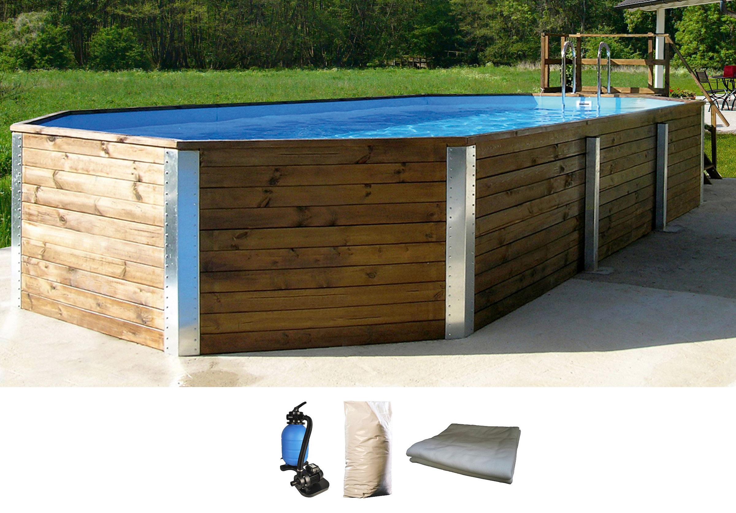 weka Achteckpool »MALI 4 + mit Technikraum, Edelstahlleiter & Wasserpflege-Set«, (Set, 12 tlg.), BxLxH: 376x714x116 cm