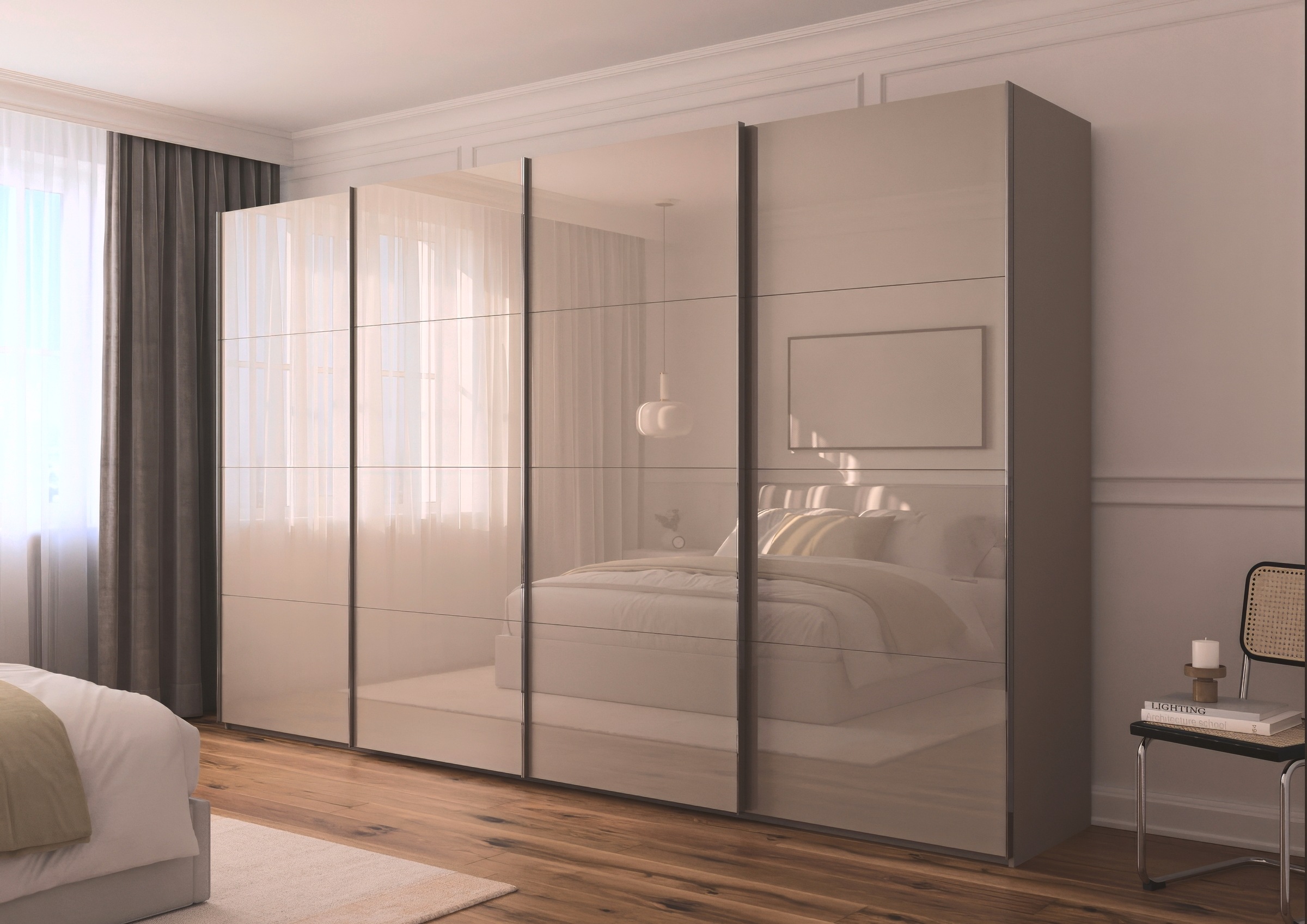 rauch Schwebetürenschrank »Kleiderschrank Schrank Garderobe Schlafzimmerschrank SCALE-FYRA«, edle viergeteilte Türen mit Glas-Front viele Farben MADE IN GERMANY