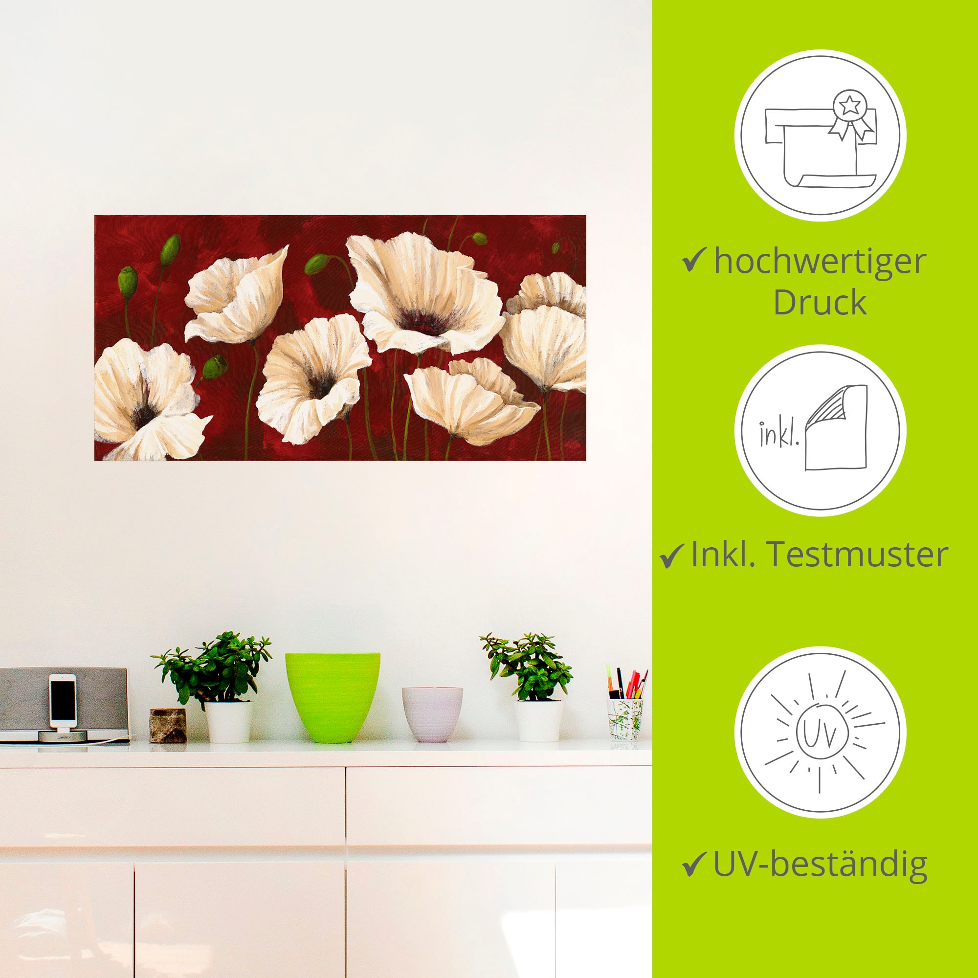 Artland Wandbild »Weiße Mohnblumen vor rot«, Blumen, (1 St.), als Alubild, Outdoorbild, Leinwandbild, Poster, Wandaufkleber