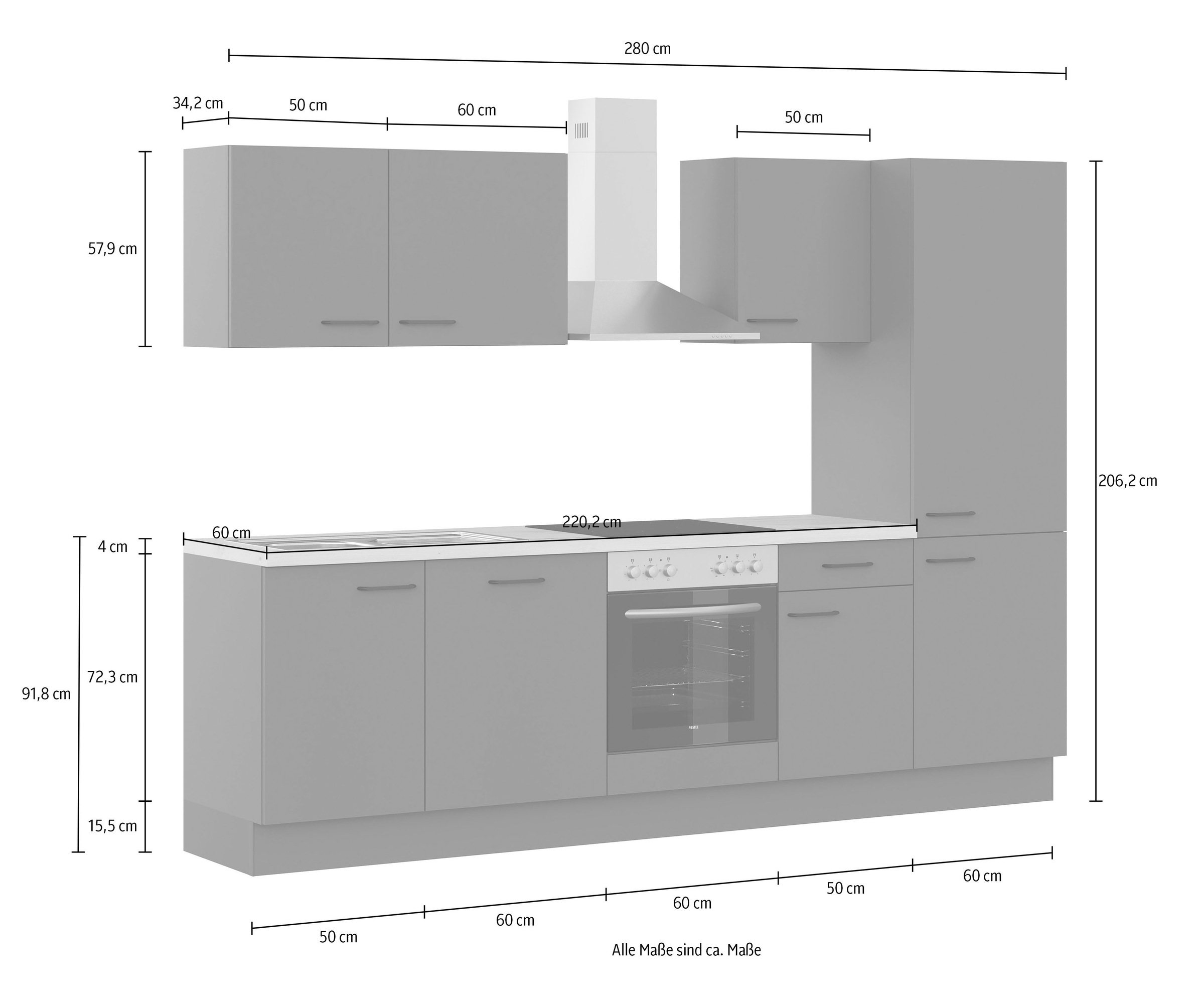 IMPULS KÜCHEN Küchenzeile »"Tirana", Ausrichtung wählbar, Schubkästen mit Soft-Close«, vormontiert, wahlweise mit E-Geräten, mit Vollauszug, Breite 280 cm