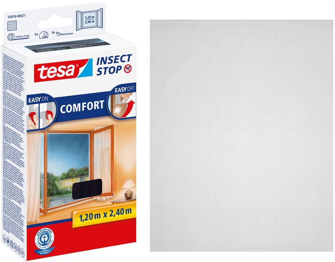 tesa Insektenschutz-Fensterrahmen »Insect Stop Comfort Fliegengitter bodentiefe Fenster - 1.2m : 2.4m« Packung, Fliegennetz, Klettband, Andrück und Schneidehilfe, 1 Stk. tlg. Insektenschutzgitter - ohne Bohren - zuschneidbar