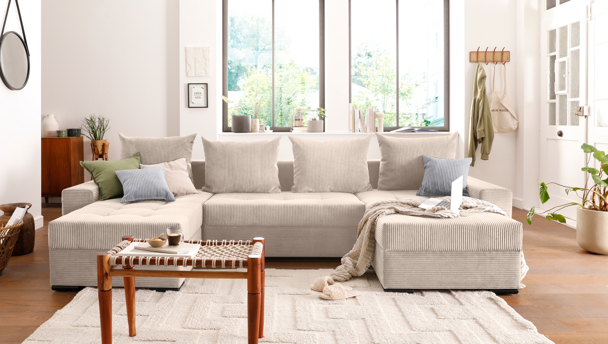 COLLECTION AB Wohnlandschaft »Josy XL U-Form, B: 313 cm in Cord, Cord-Mix« mit Bettfunktion, Bettkasten & 2 Zierkissen, Federkern