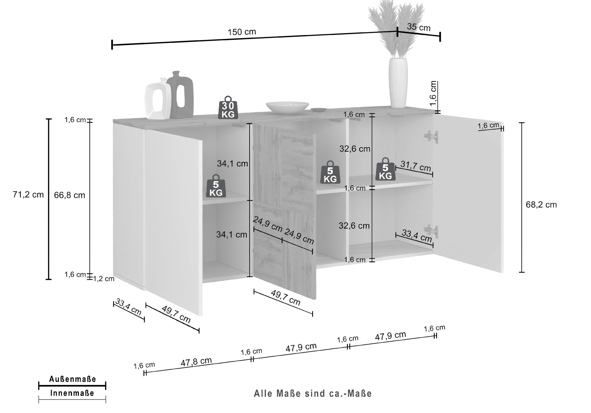 INOSIGN Sideboard »Sideboard ISEO, Kommode, Schrank, Kredenz« 1 Stk. tlg. stehend/hängend, 3 Türen, 6 Fächer, Breite 150 cm