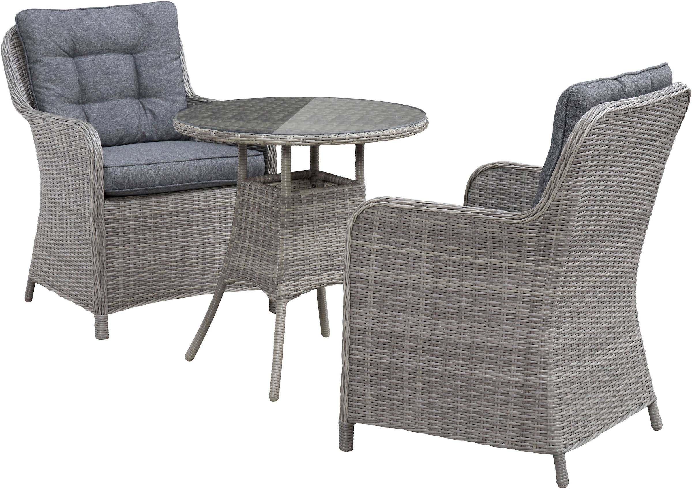 KONIFERA Garten-Essgruppe »Menorca«, (Set, 3 tlg., 2x Sessel, 1x Tisch Ø 70 cm, inkl. Auflagen, Polyrattan, Aluminium), Polyrattan, Aluminium, Tischplatte aus 5mm starkem Sicherheitsglas