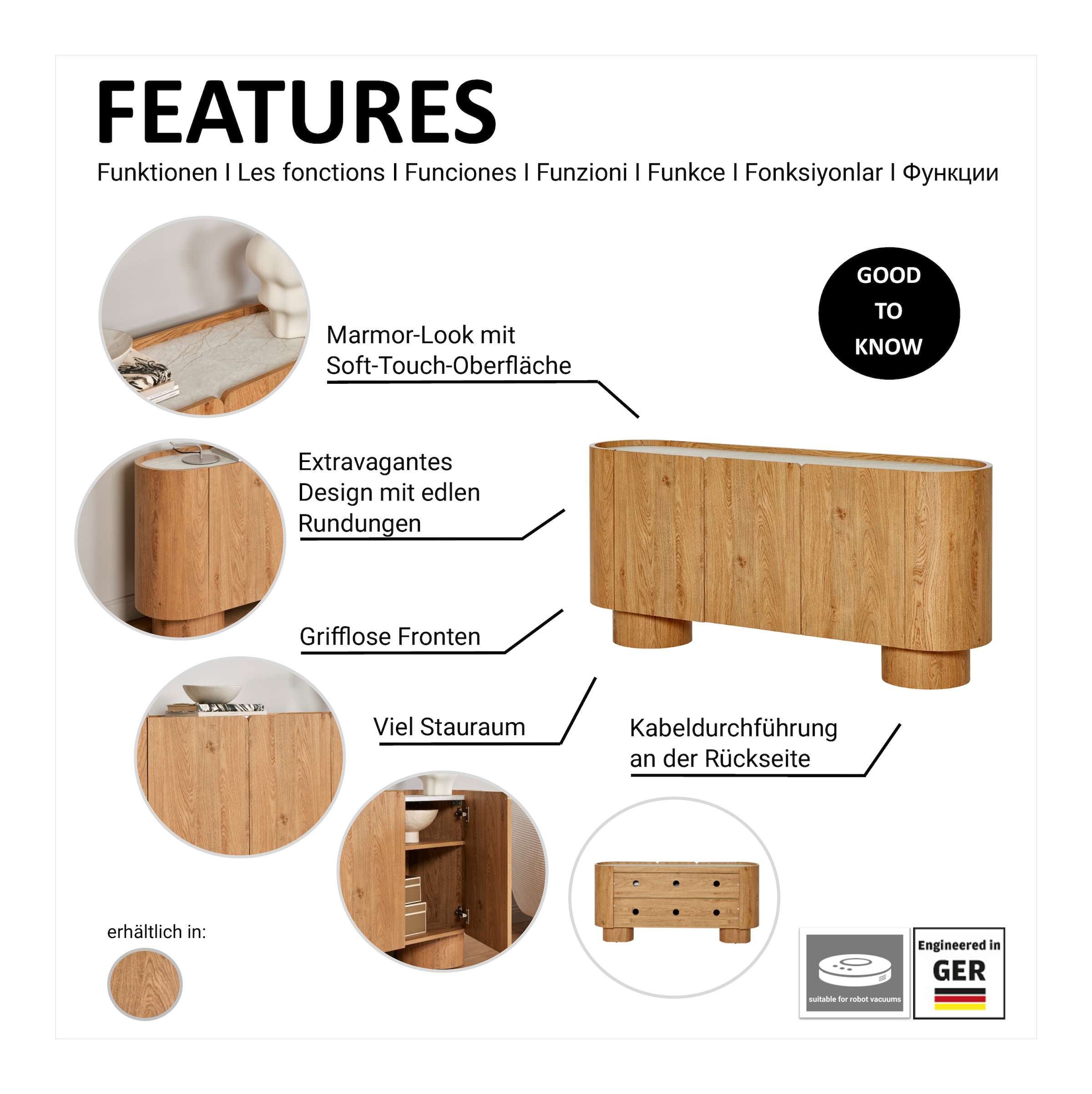 Jahnke Sideboard »CIRCO SB 160«, (1 St.), Sideboard, 3-türig, gerundetes Design, Marmor-Look, Breite 160 cm