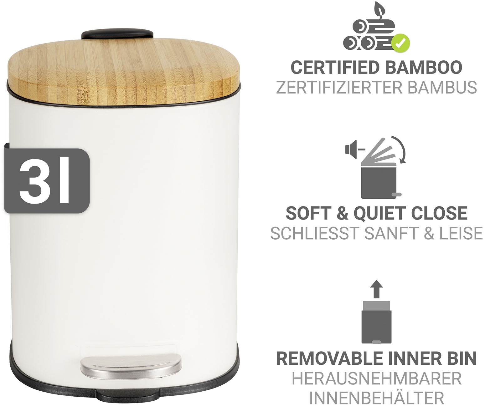 WENKO Kosmetikeimer »Fianema« fürs Badezimmer, Easy-Close-Mechanik, Inneneimer: 3 L