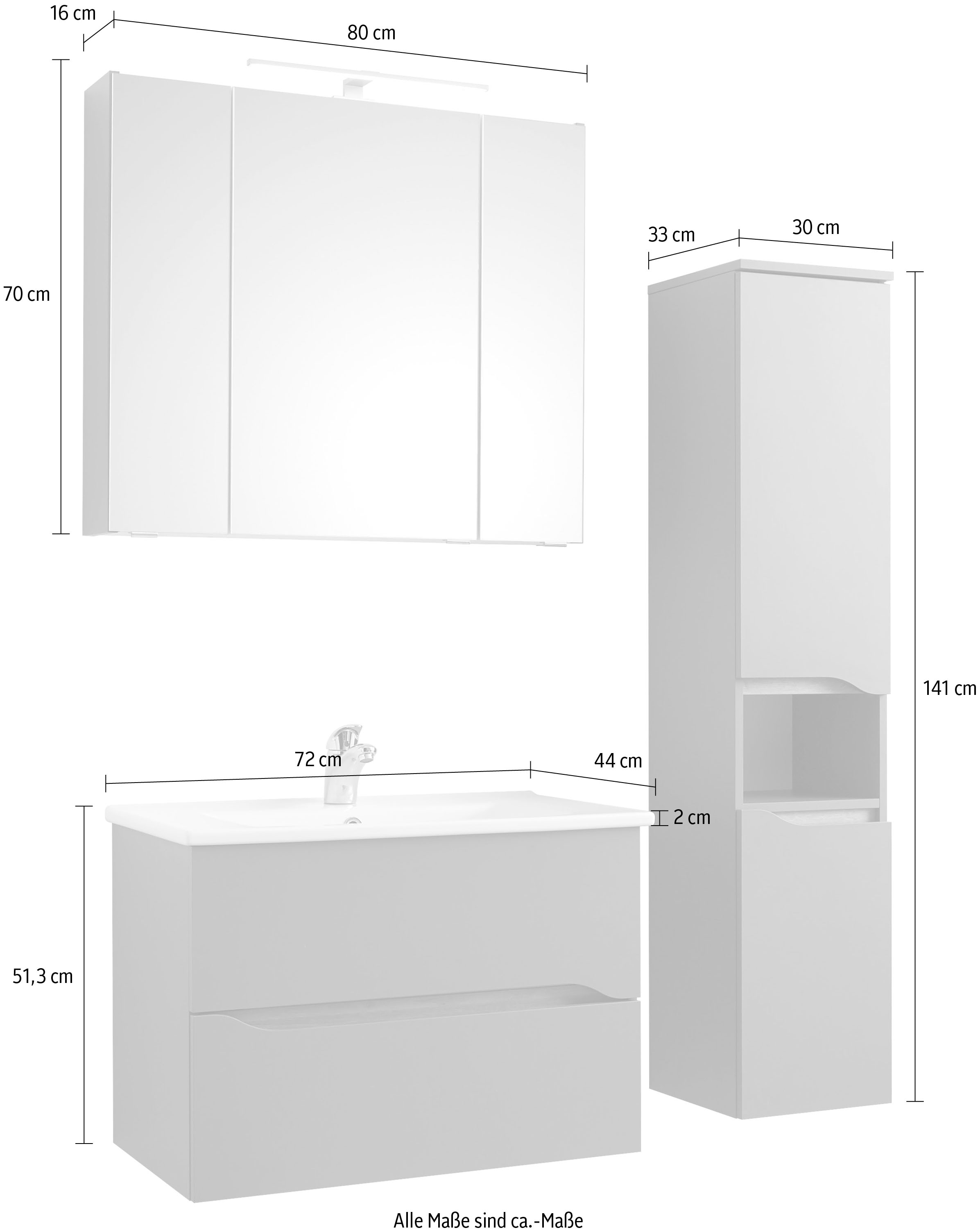 Saphir Badmöbel-Set »Quickset 3-teilig, Keramikwaschtisch mit LED-Spiegelschrank«, (3 St.), Midischrank, inkl. Türdämpfer, 2 Schubladen, 5 Türen, 8 Einlegeböden
