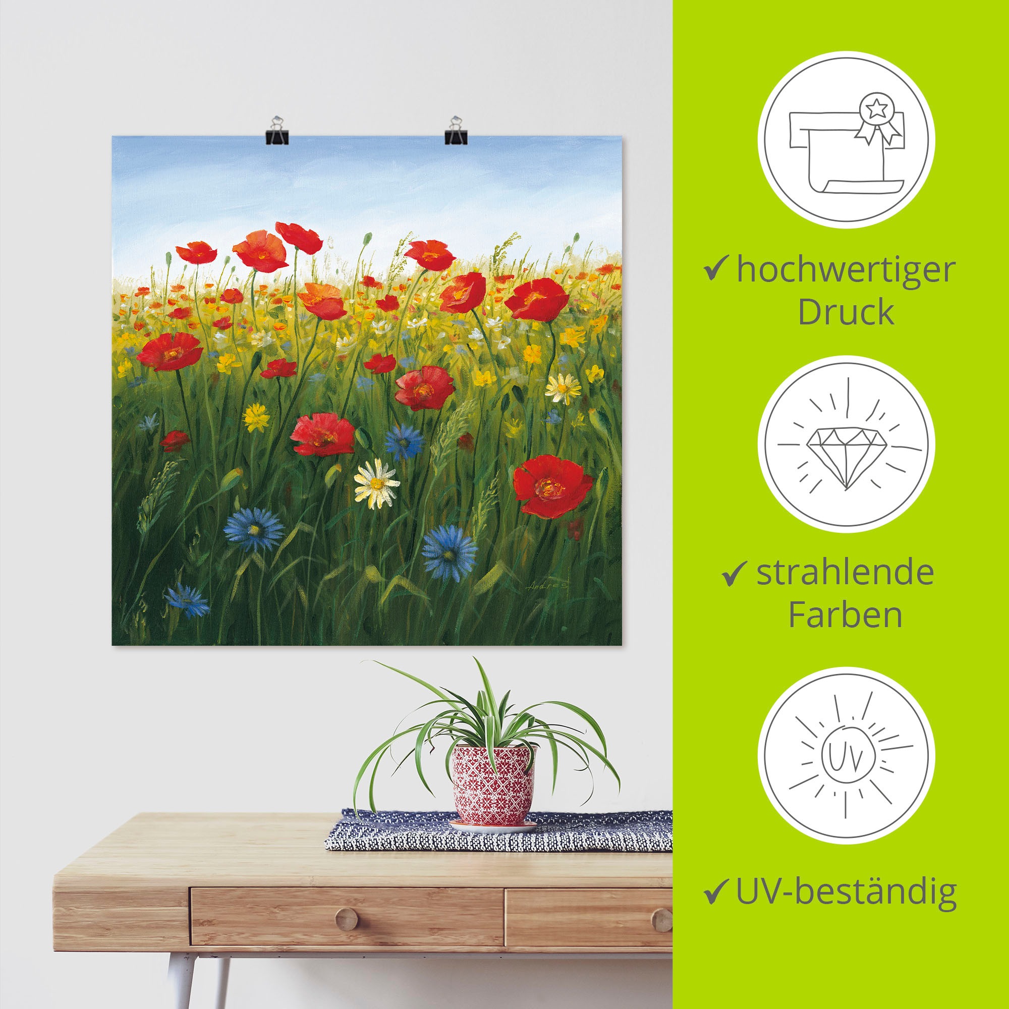 Artland Wandbild »Mohnblumen Landschaft I«, Blumenwiese, (1 St.), als Alubild, Outdoorbild, Leinwandbild, Poster in verschied. Größen