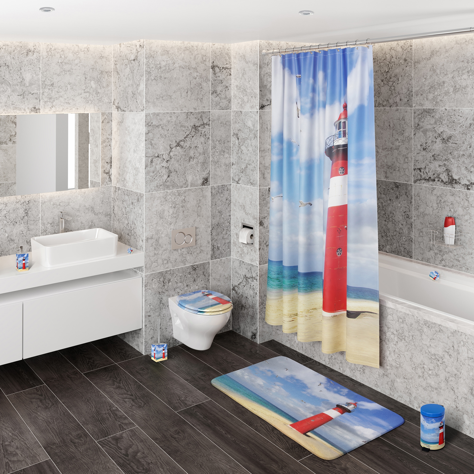Sanilo Badaccessoire-Set »Leuchtturm« bestehend aus WC-Sitz, Badteppich und Waschbeckenstöpsel