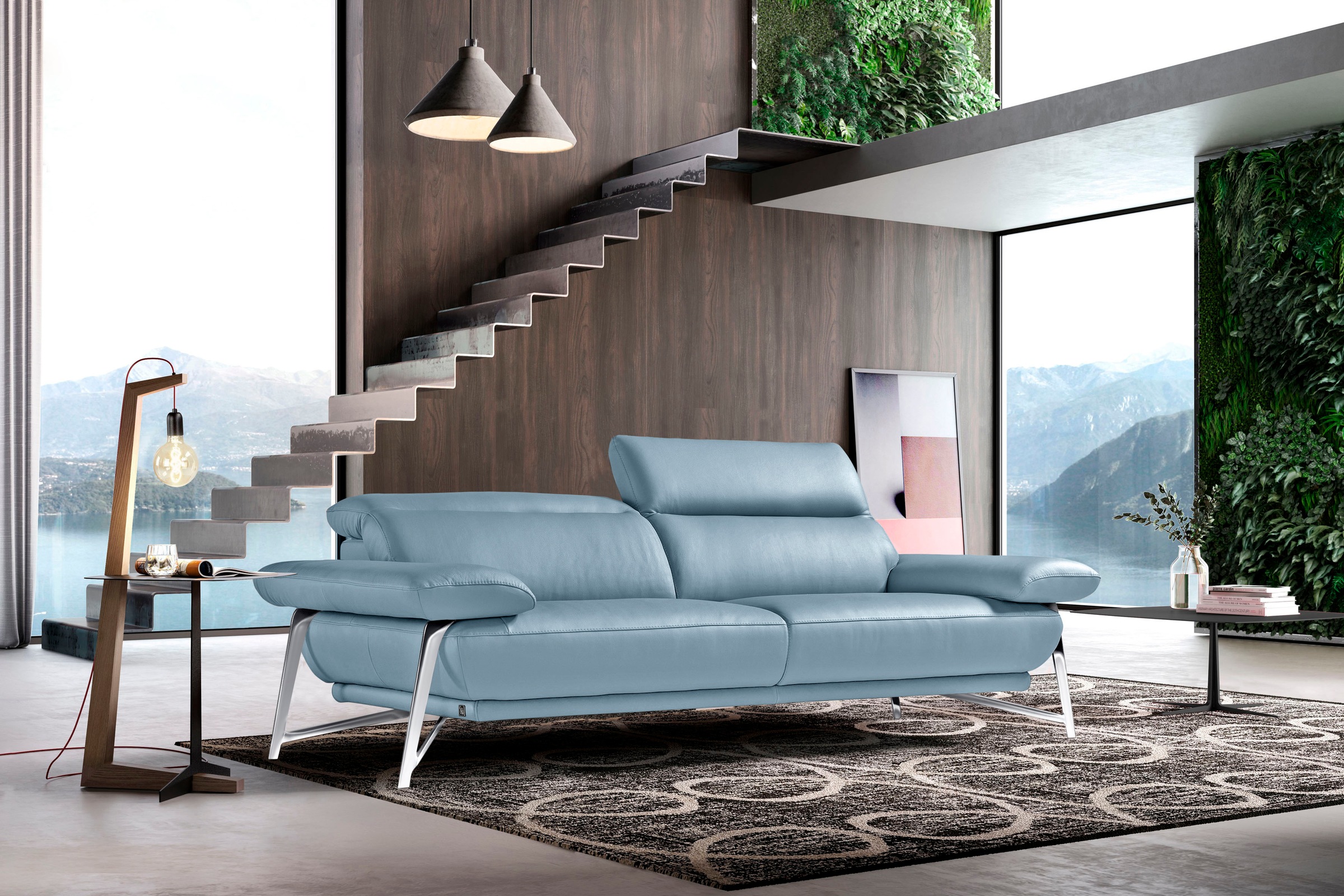 Egoitaliano Sofa »Anais, erstklassiger Sitzkomfort, Fußfarbe chrom«, Set, Kopfteil verstellbar, Leder CAREZZA, himmelblau