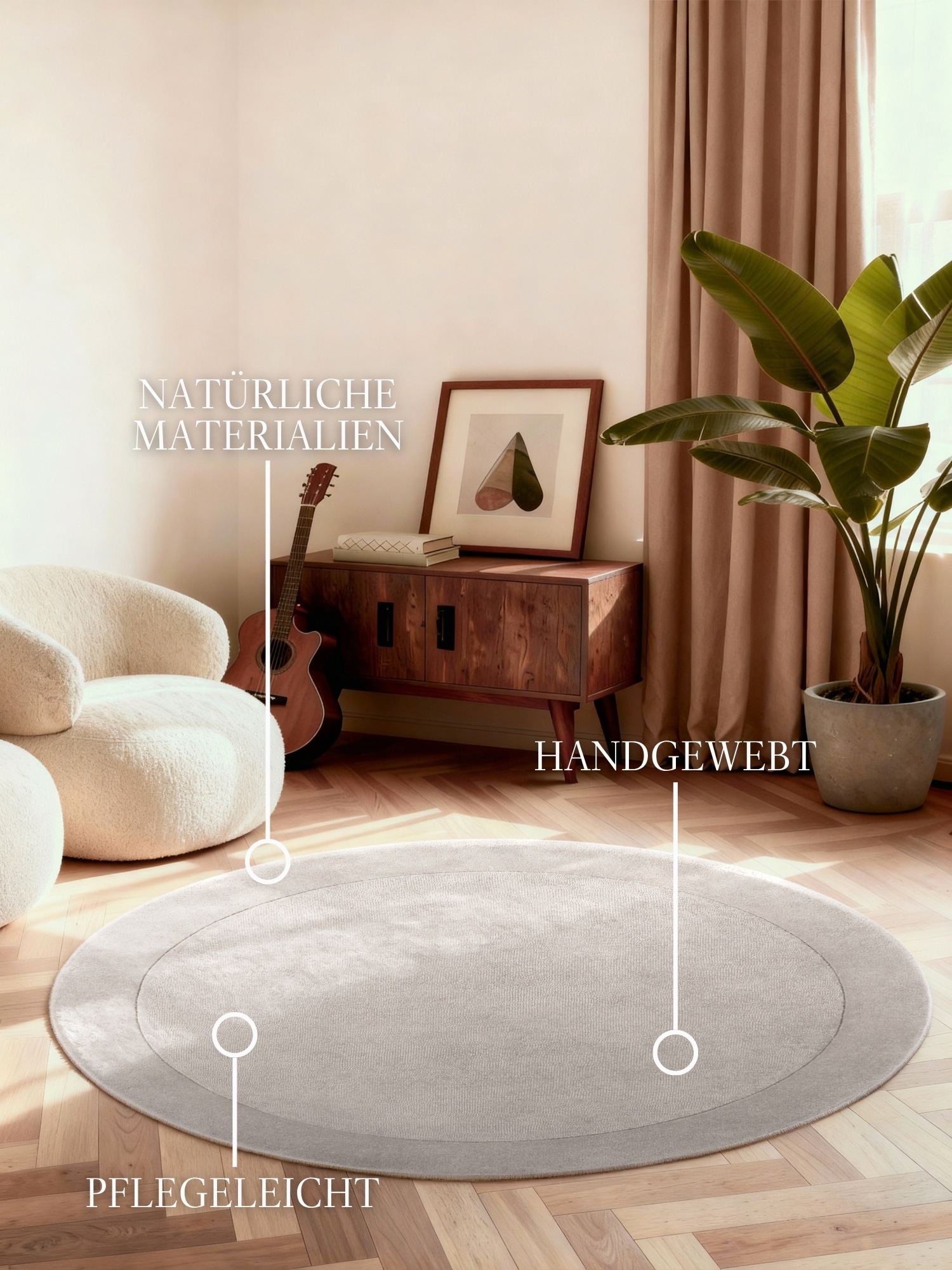 Villeroy & Boch Teppich »Wollteppich Kari« rund 17 mm Höhe Handgewebt, Wolle, Bordüre, Einfarbig, Läufer, Wohnzimmer, Organisch