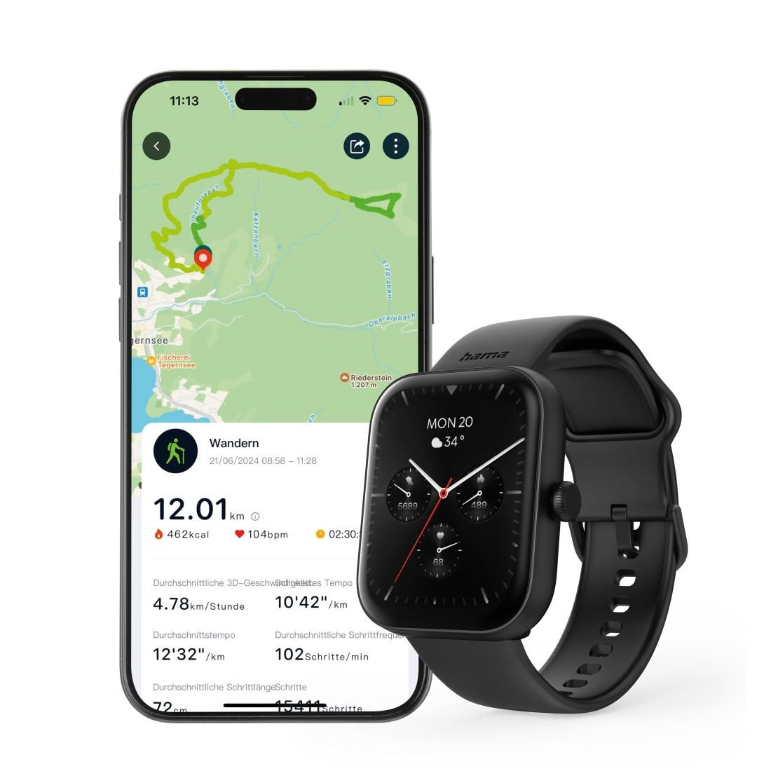 Hama Smartwatch »Smartwatch 1,65“ (Telefonfunktion, WhatsApp, E-Mail etc., wasserdicht)«, (/ 1,65 Zoll),)