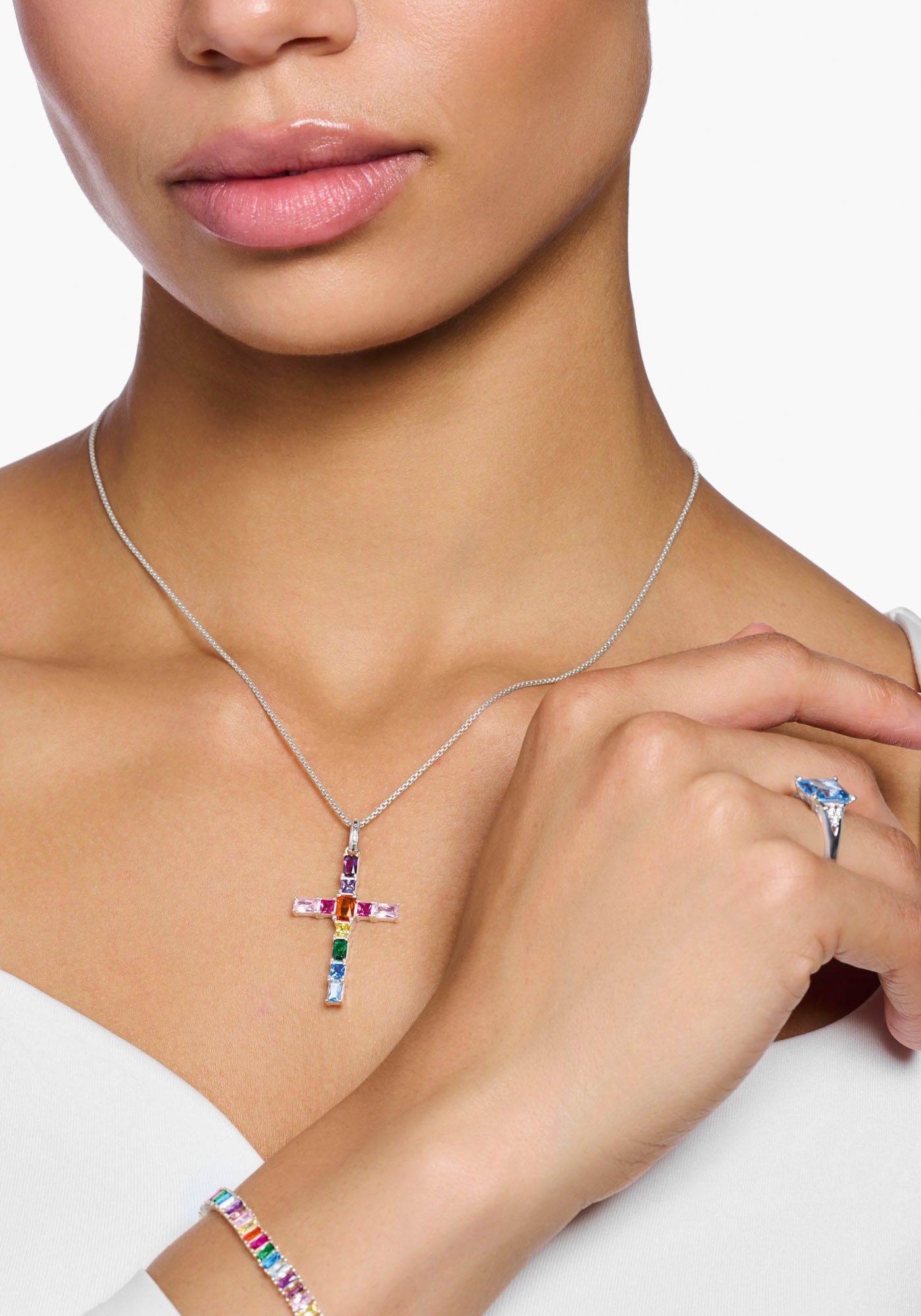 THOMAS SABO Kettenanhänger »Kreuz pinke oder bunte Steine, PE939-051-9, PE939-073-7«, mit Spinell (synth.), Zirkonia (synth.), Korund (synth.)