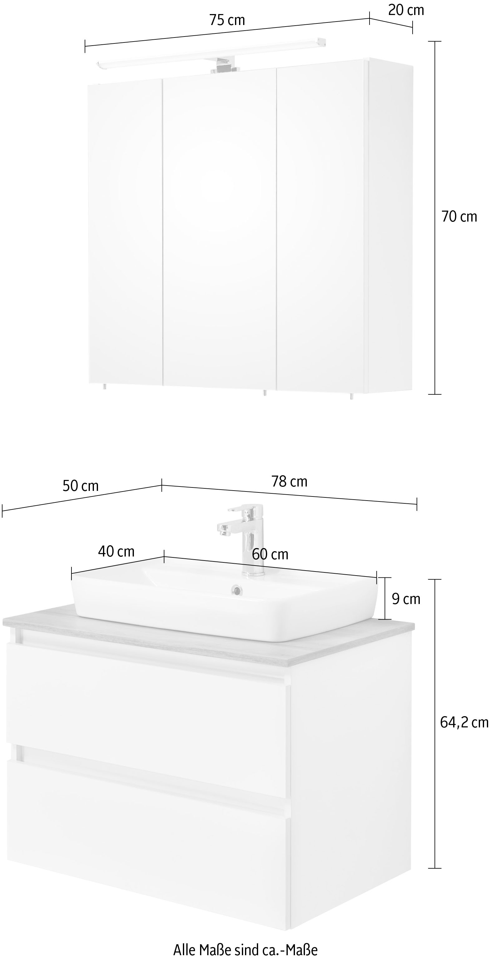 Saphir Badmöbel-Set »Quickset 360 2-teilig, Keramik-Aufsatzbecken mit LED-Spiegelschrank«, (2 St.), Waschtischplatte, 78 cm breit, Weiß Glanz, 3 Türen, 2 Schubladen