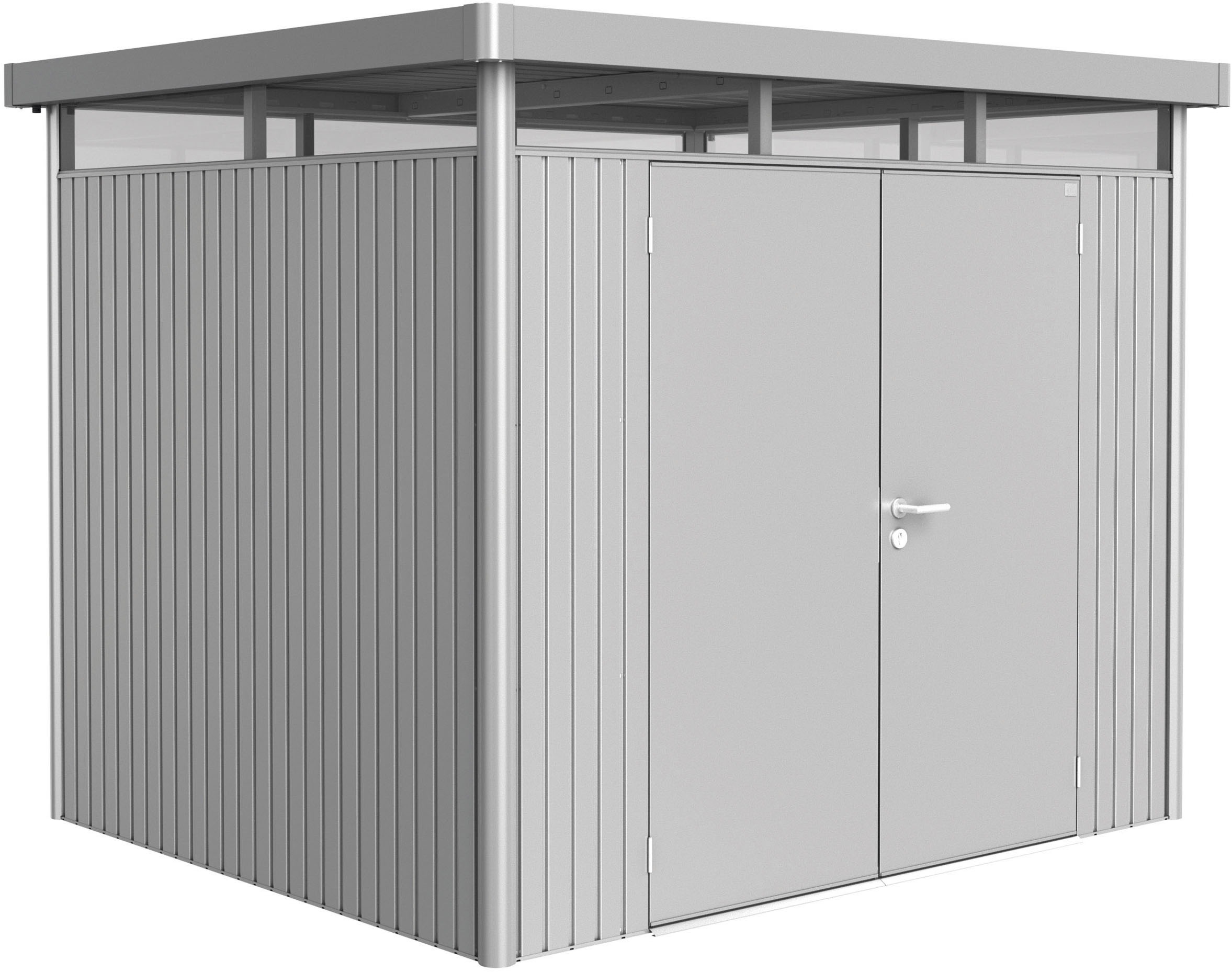 BIOHORT Gerätehaus »HIGHLINE Gr. H3, verschiedene Farben« stylisches Metall-Gartenhaus mit Flachdach silber-metallic