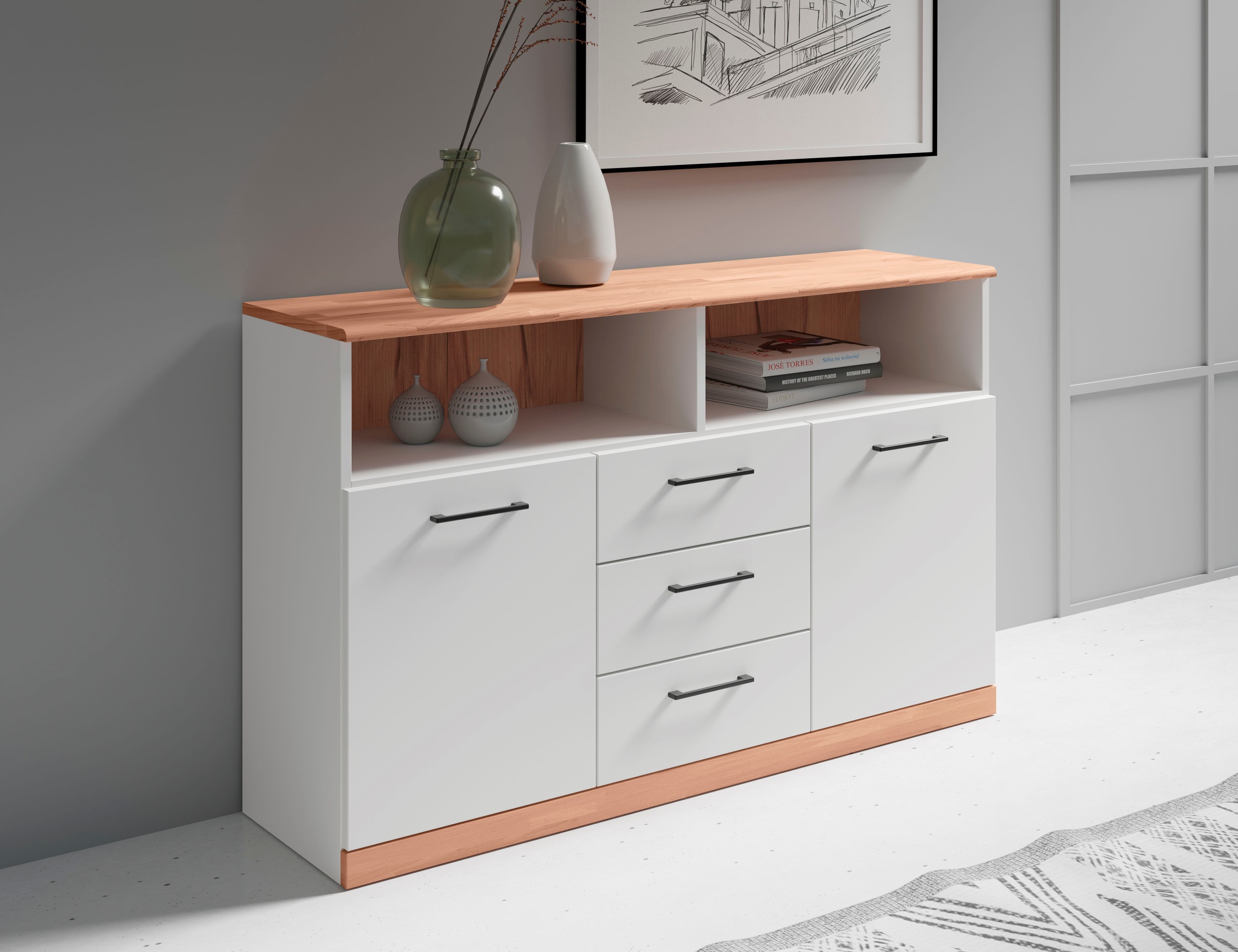 Home affaire Sideboard »Ribe,130cm breit,80cm hoch,Oberplatte Holz massiv,6 Fächer«, Oberplatte Kernbuche massiv,schwarze Metall Griffe