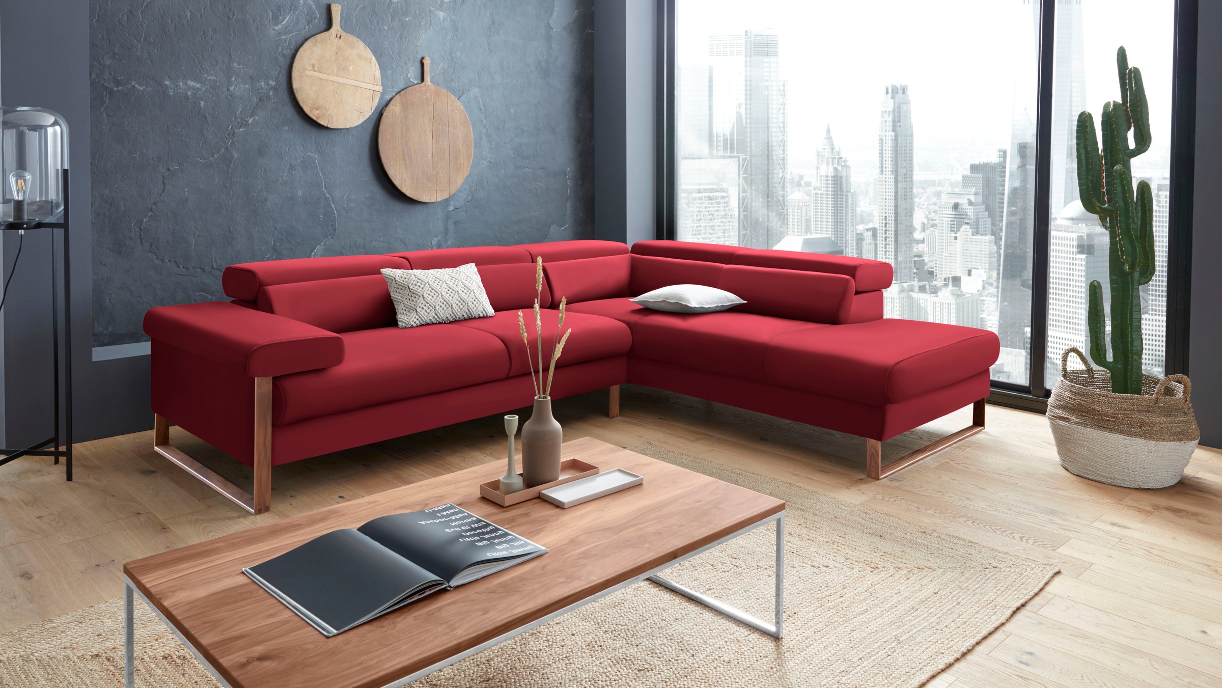 W.SCHILLIG Ecksofa »finn, Designsofa mit tollem Sitzkomfort, bequem, L-Form«, German Design Award 2016, Fußgestell Nussbaum natur, Breite 281 cm