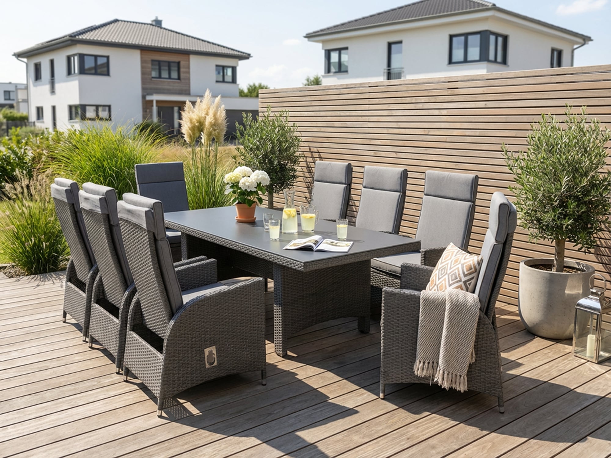 KONIFERA Garten-Essgruppe »»Newcastle«« Set, 8 Sessel, Rückenlehne verstellbar, Tisch 100x230x75 cm, inkl. Auflagen, 17 Stk. tlg. Aluminium/Polyrattan