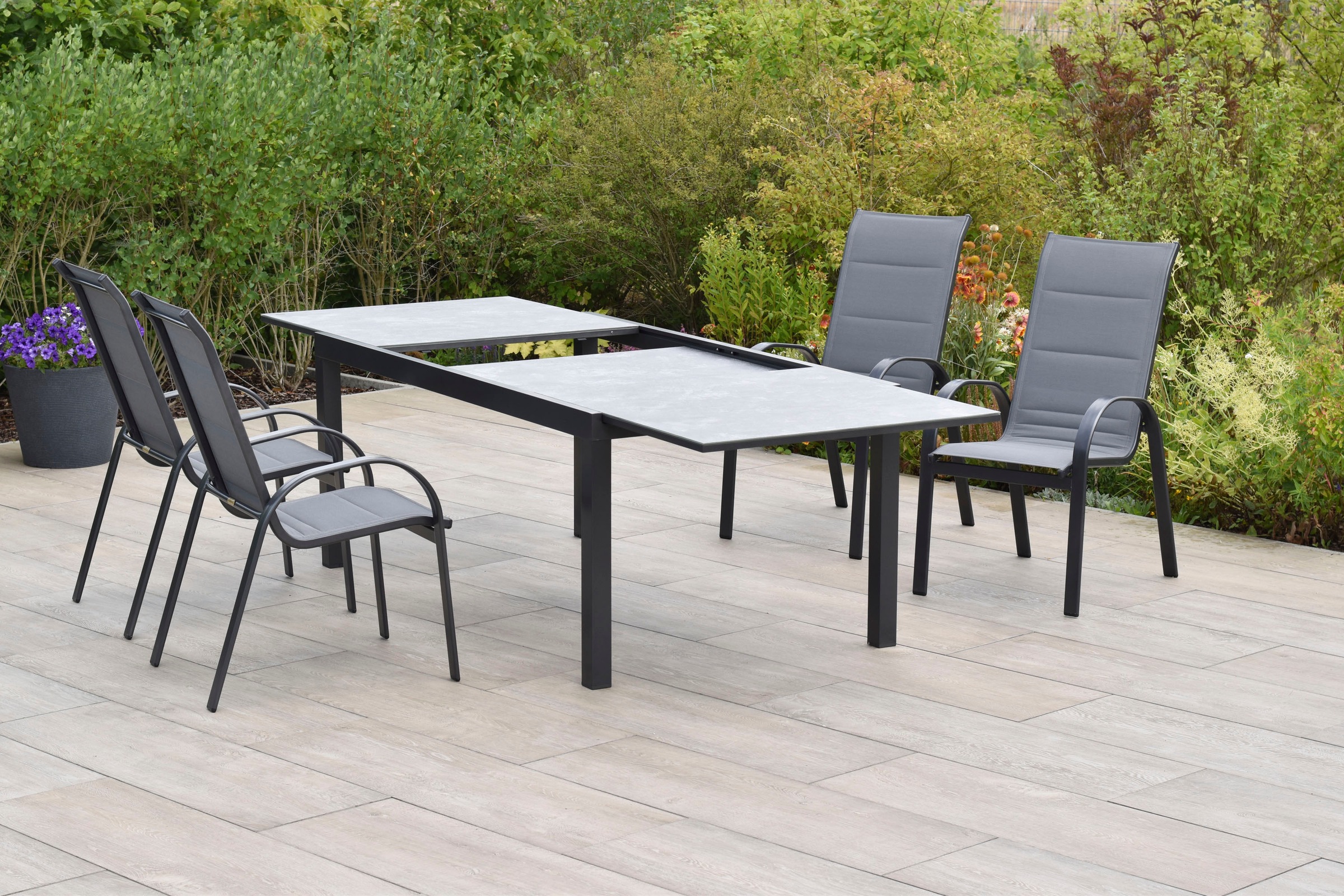 MERXX Garten-Essgruppe »»Amalfi««, (Set, 5 tlg.), Stapelsessel mit hoher Rückenlehne und Polsterung