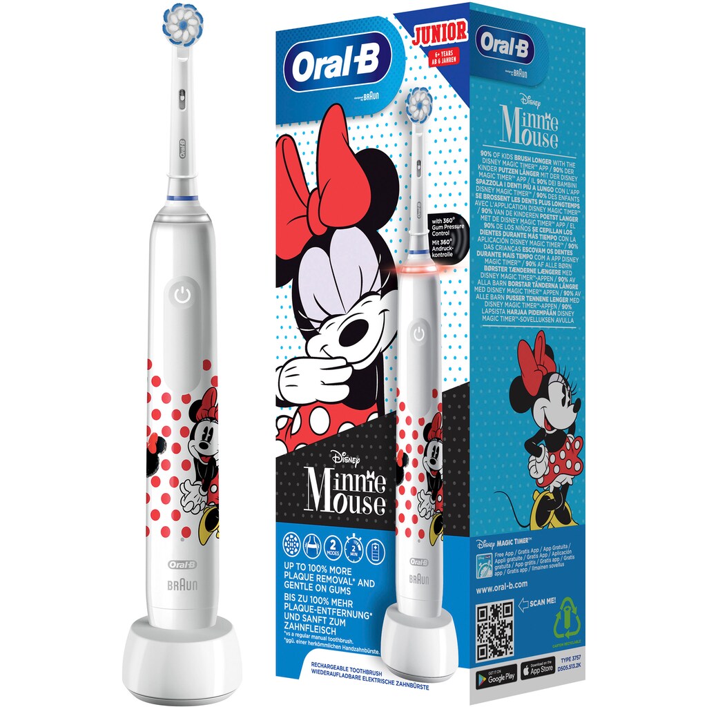 Oral B Elektrische Kinderzahnbürste »Junior Minnie Mouse«, 1 St. Aufsteckbürsten