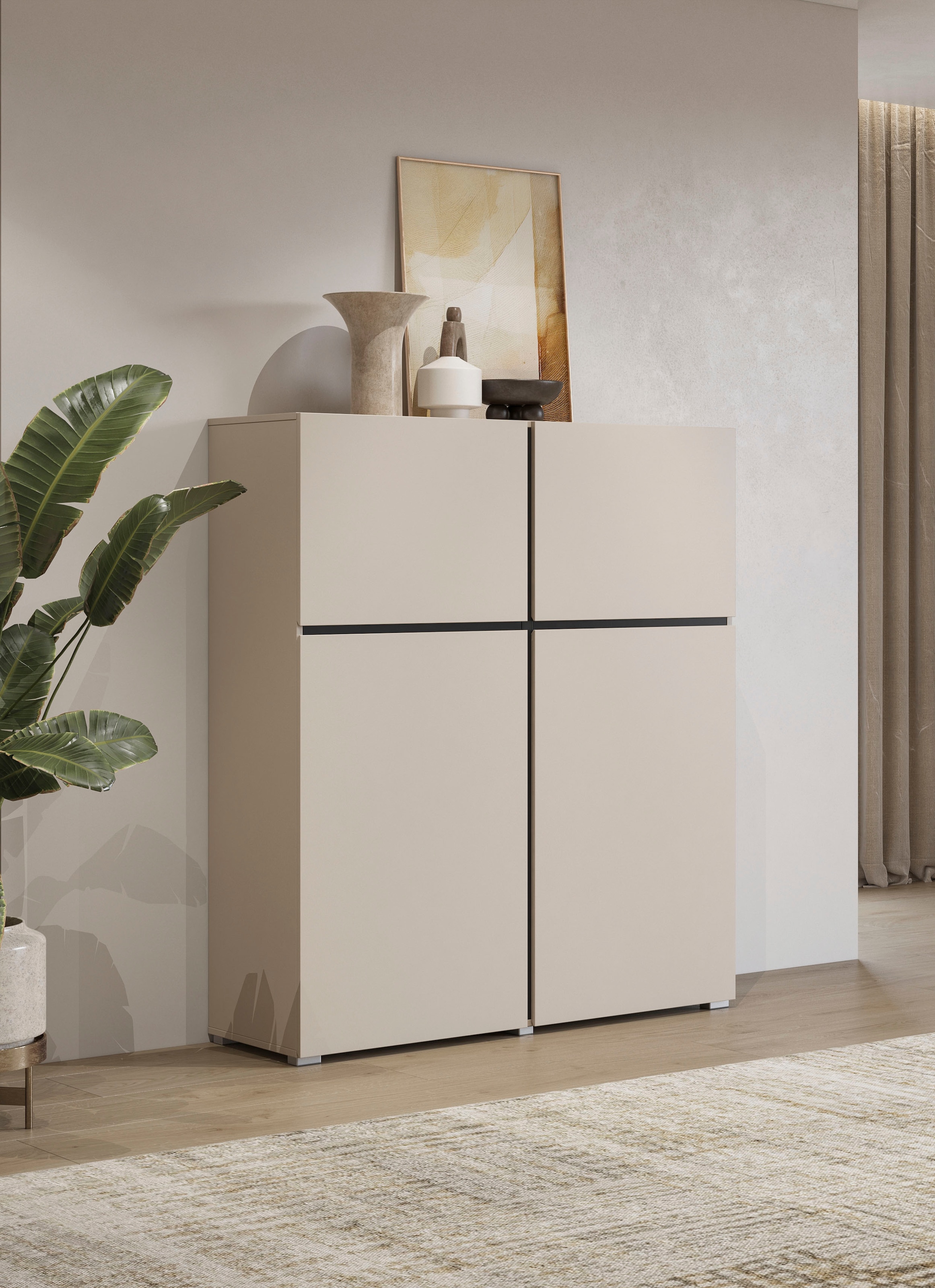 OTTO home Hochkommode »Cross,Breite 119,5 cm, moderne grifflose Hochkommode mit 4 Türen« Hochschrank mit viel Stauraum, Einlegeböden verstellbar