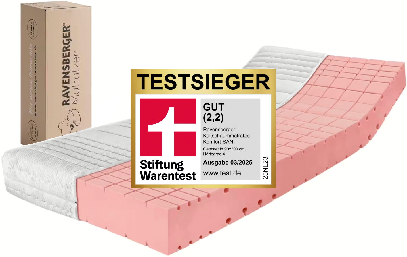 RAVENSBERGER Matratzen Kaltschaummatratze »KOMFORT-SAN Testsieger Stiftung Warentest«, 18 cm hoch, Raumgewicht: 50 kg/m³, (1 St.), Ausgabe 03/2025 Note GUT (2,2), getestet in 90x200cm Härtegrad H4