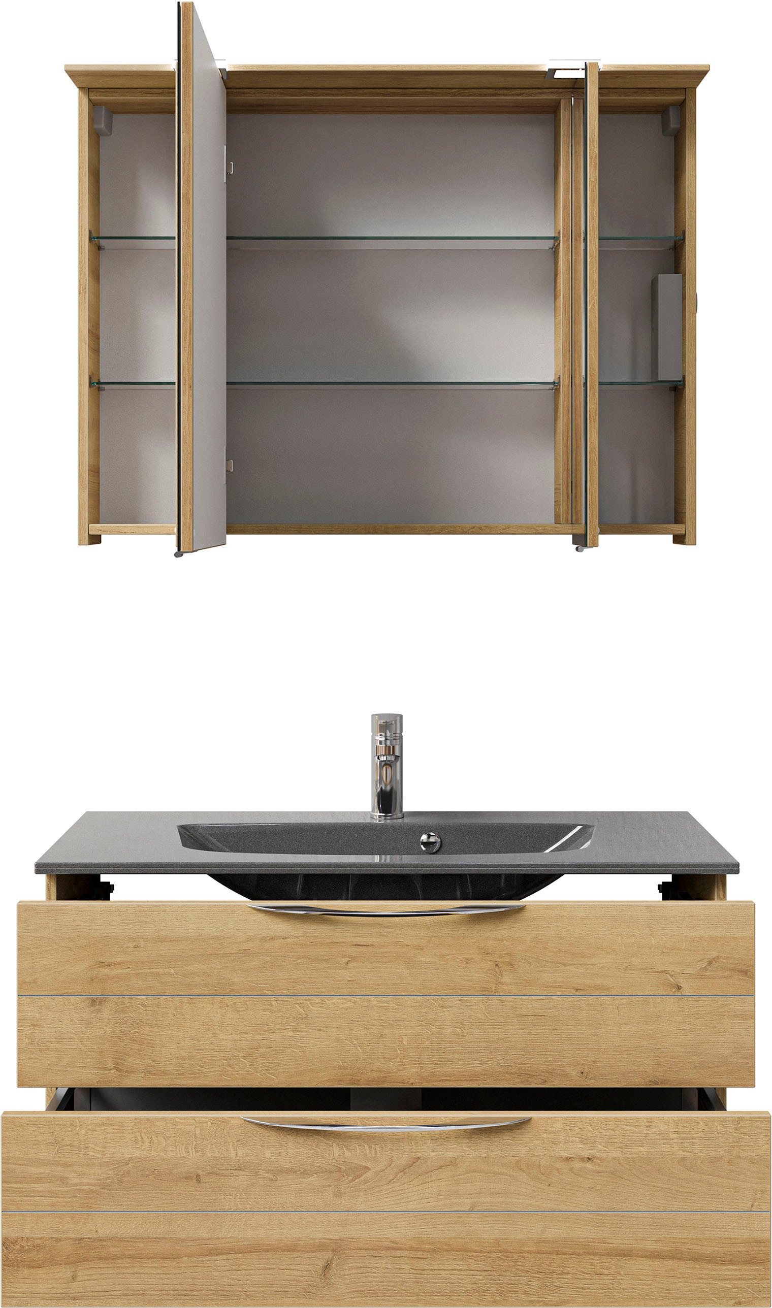 Saphir Badmöbel-Set »Serie 6025 2-teilig Mineralmarmor-Waschtisch mit LED-Spiegelschrank«, (2 St.), Waschplatz 97 cm breit, 2 Schubladen, 3 Spiegel-Türen, inkl Türdämpfer