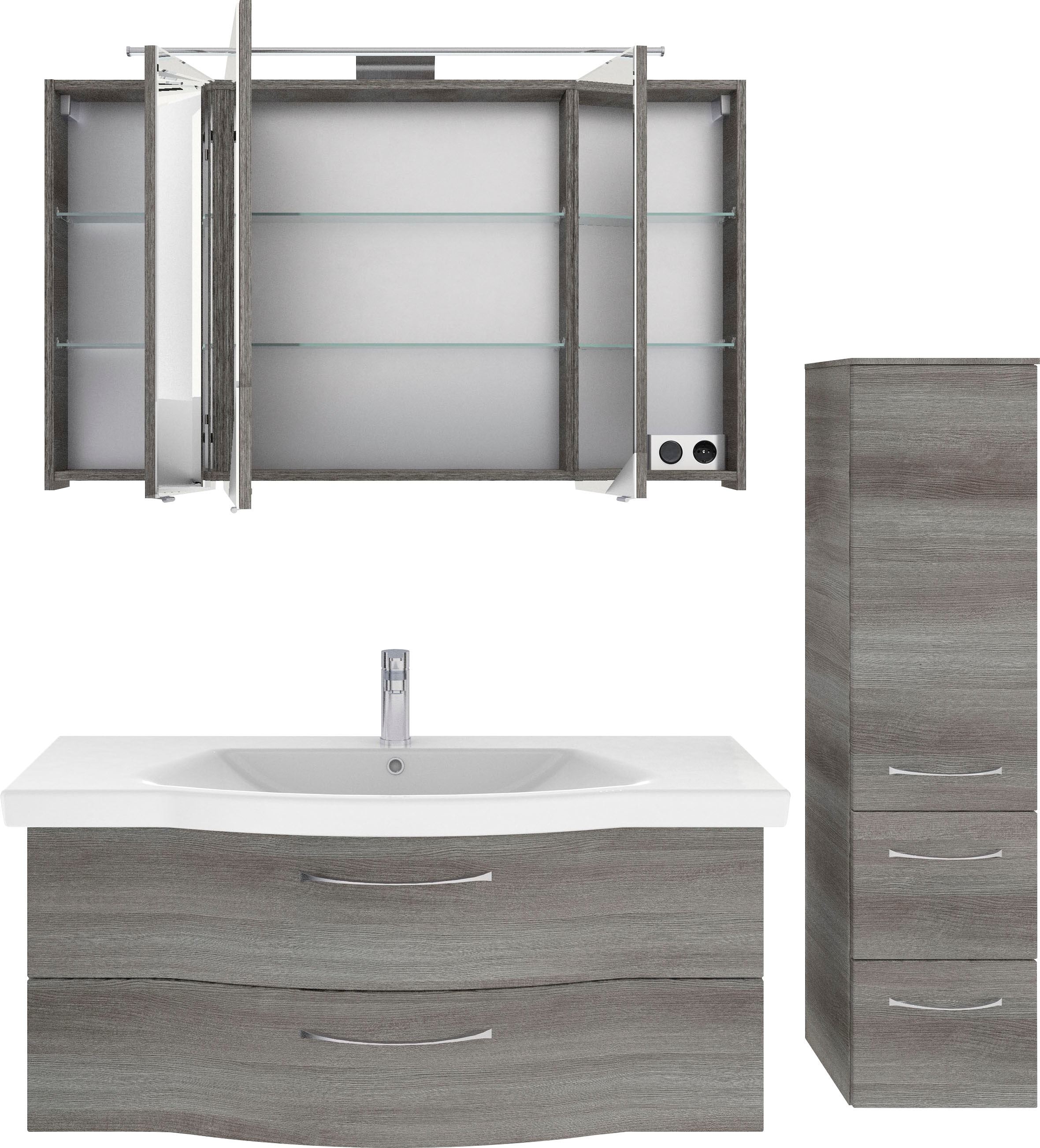 Saphir Badmöbel-Set »6005 Sprint 3-teilig, Keramik-Waschtisch mit LED-Spiegelschrank«, (4 St.), Midischrank, inkl. Türdämpfer, 4 Türen, 4 Schubladen, Bad-Set