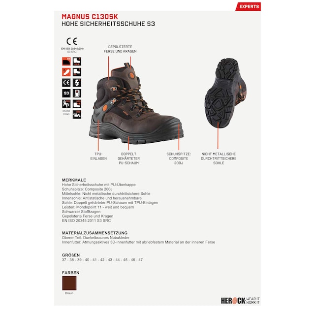 Herock Sicherheitsschuh »Magnus High Compo S3 Schuhe«, Echtes Leder,  durchtrittsicher, nicht-metallisch, weit, Klasse S3 online bestellen