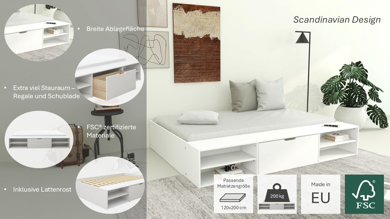 Home affaire Stauraumbett »Cavan, Jugendbett, Podestbett, Futonbett, Made in EU«, (Breite/ Belastbarkeit: 120cm/200 KG, 90cm/ 100KG), inklusive Lattenrost, viel Stauraum, breite Ablage, FSC® zertifiziert
