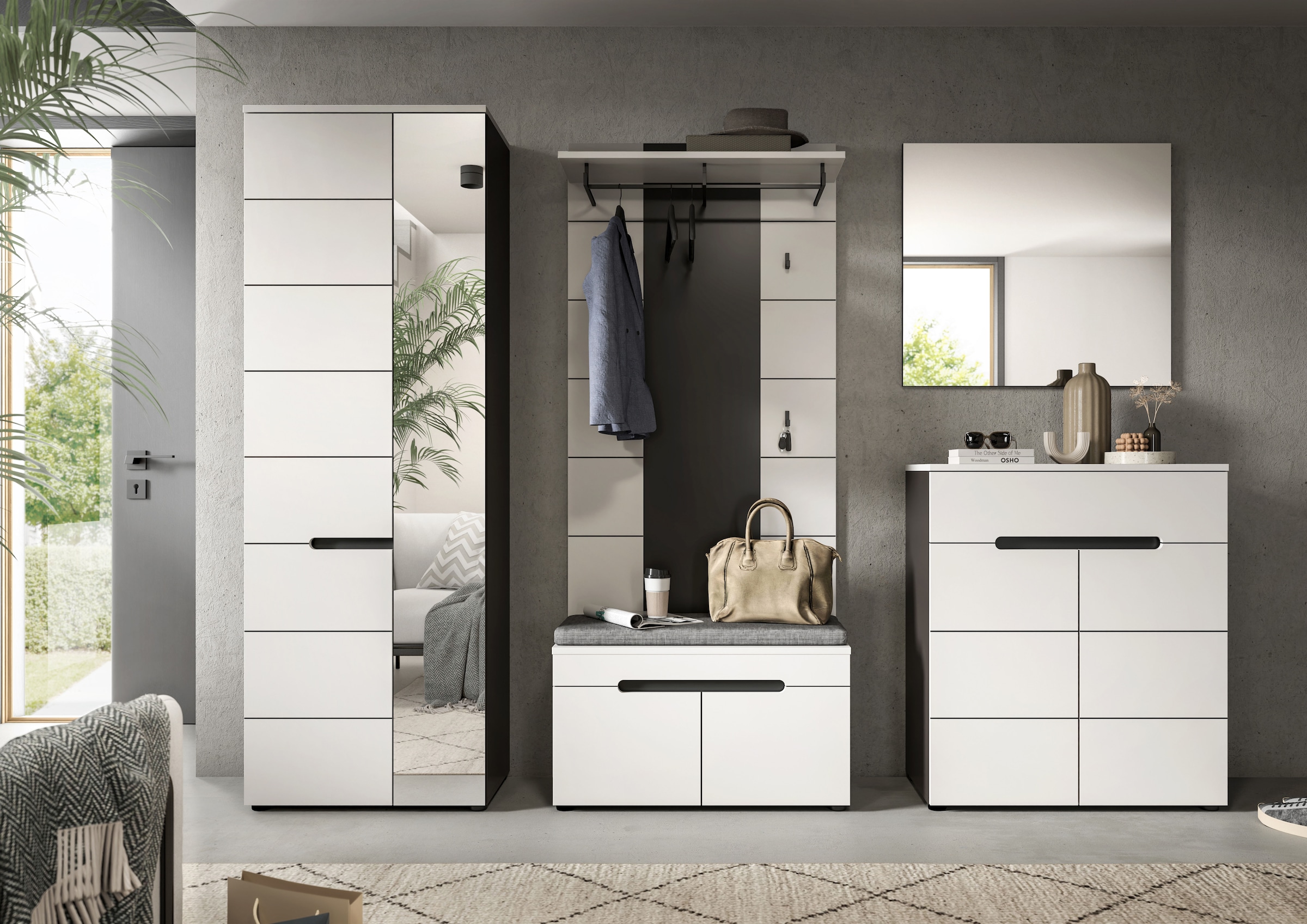 INOSIGN Garderoben-Set, (Set, 6 St., bestehend aus: Schrank, Sitzbank, Sitzkissen, Paneel, Spiegel, Kommode), Garderobenkombination, Kombination, Set, Flurgarderobe, Diele